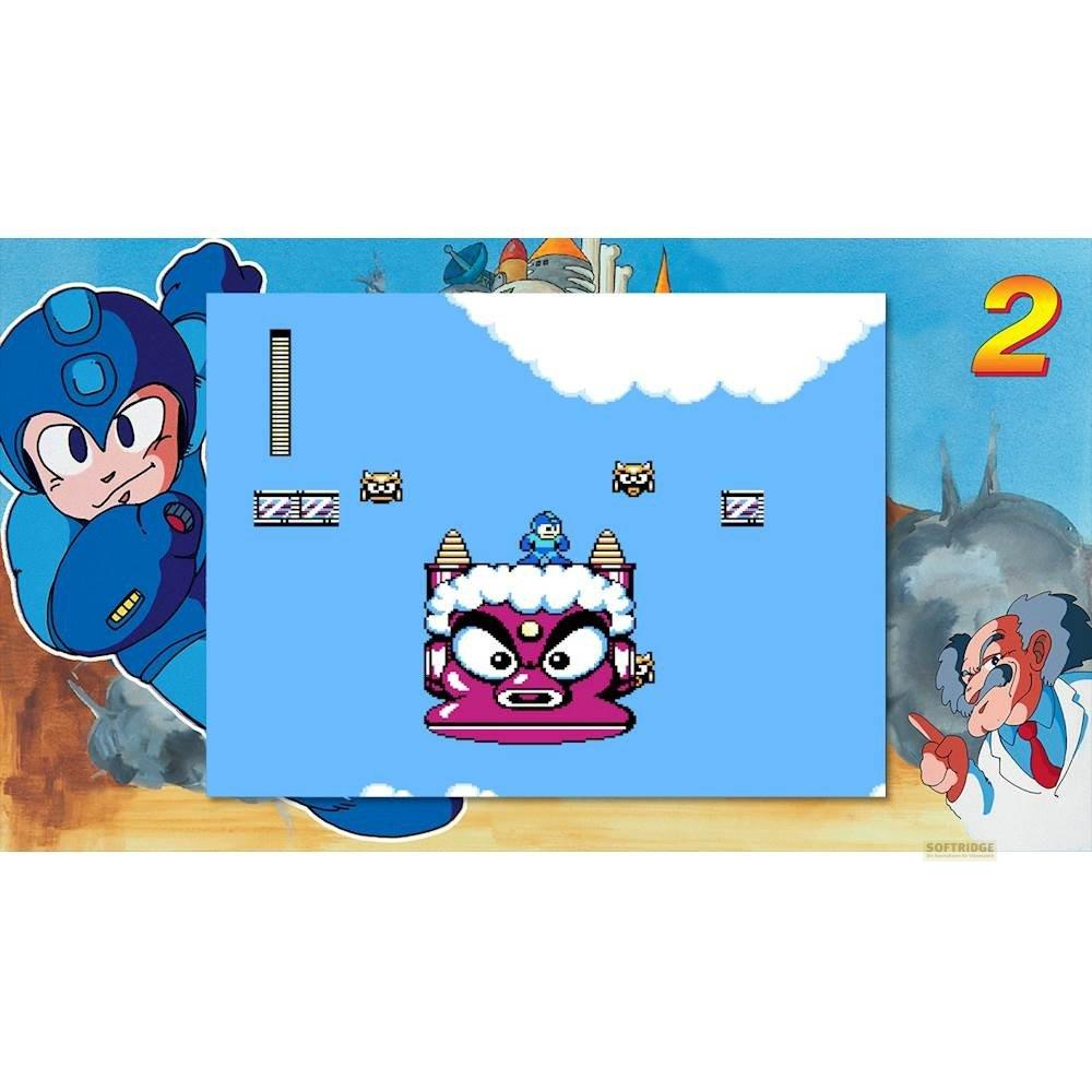 Mega Man spielt ein Videospiel mit einem violetten Boss und vielen Feinden.