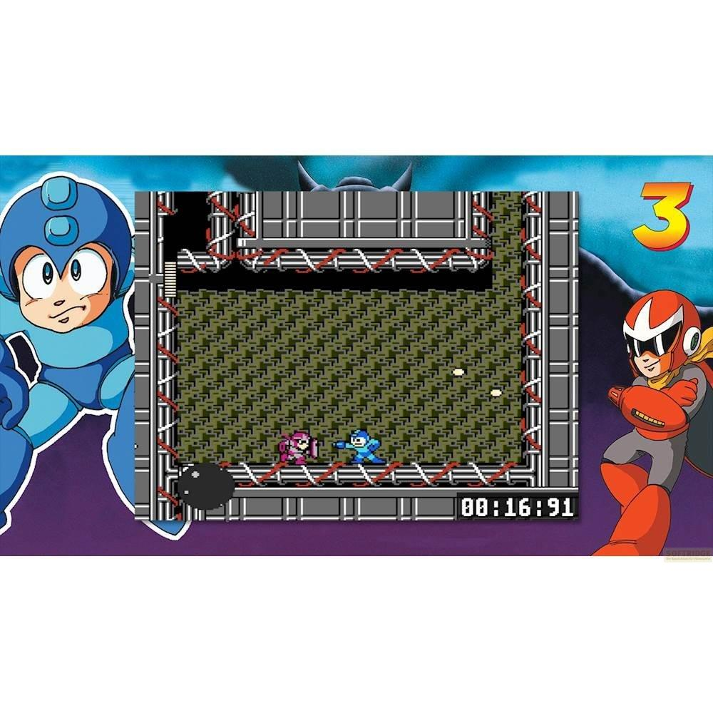 Mega Man-Spiel mit blauen und roten Figuren vor einer pixeligen Kulisse.