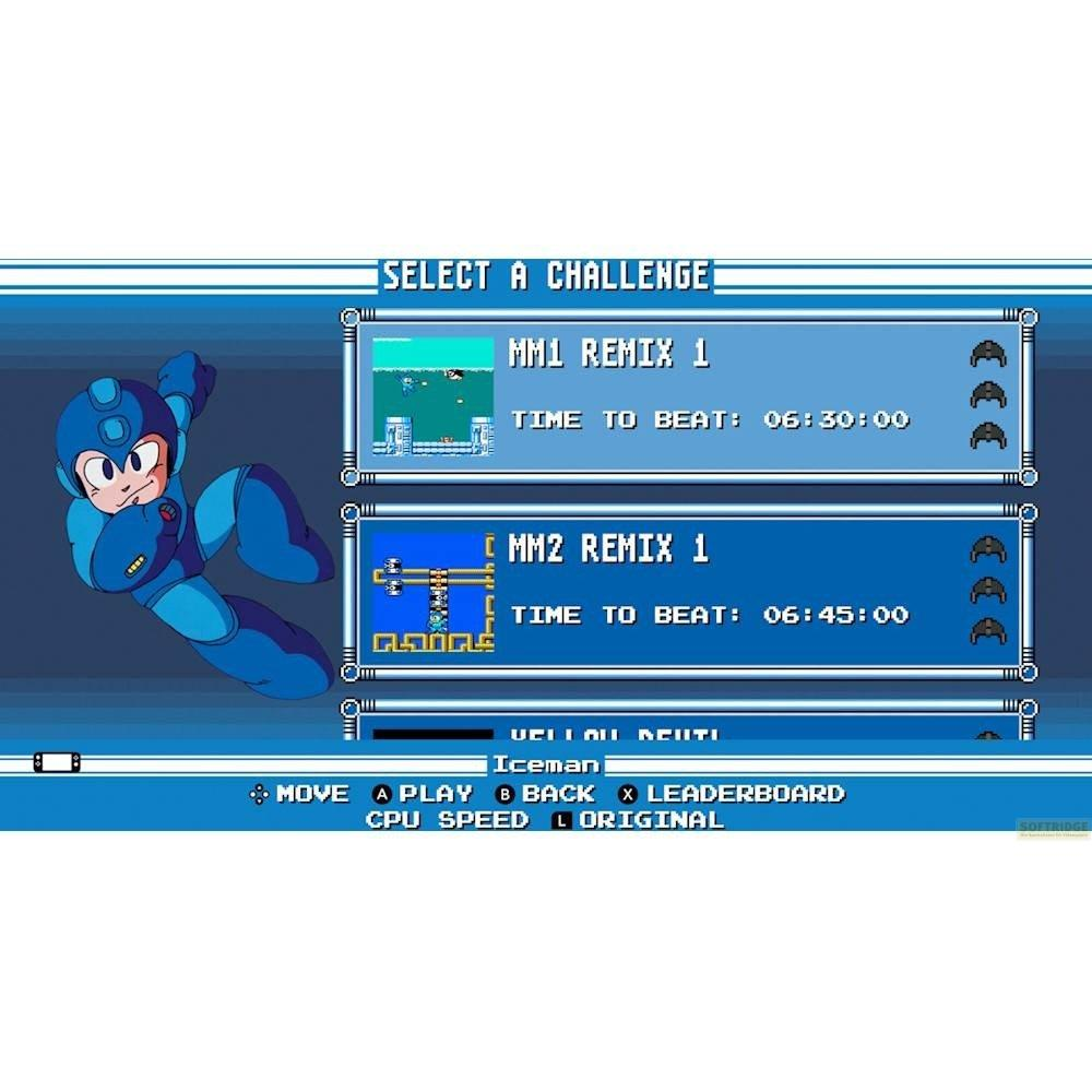 Mega Man Menü: Herausforderung auswählen. MM1 Remix 1 mit Bestzeit 06:30:00.