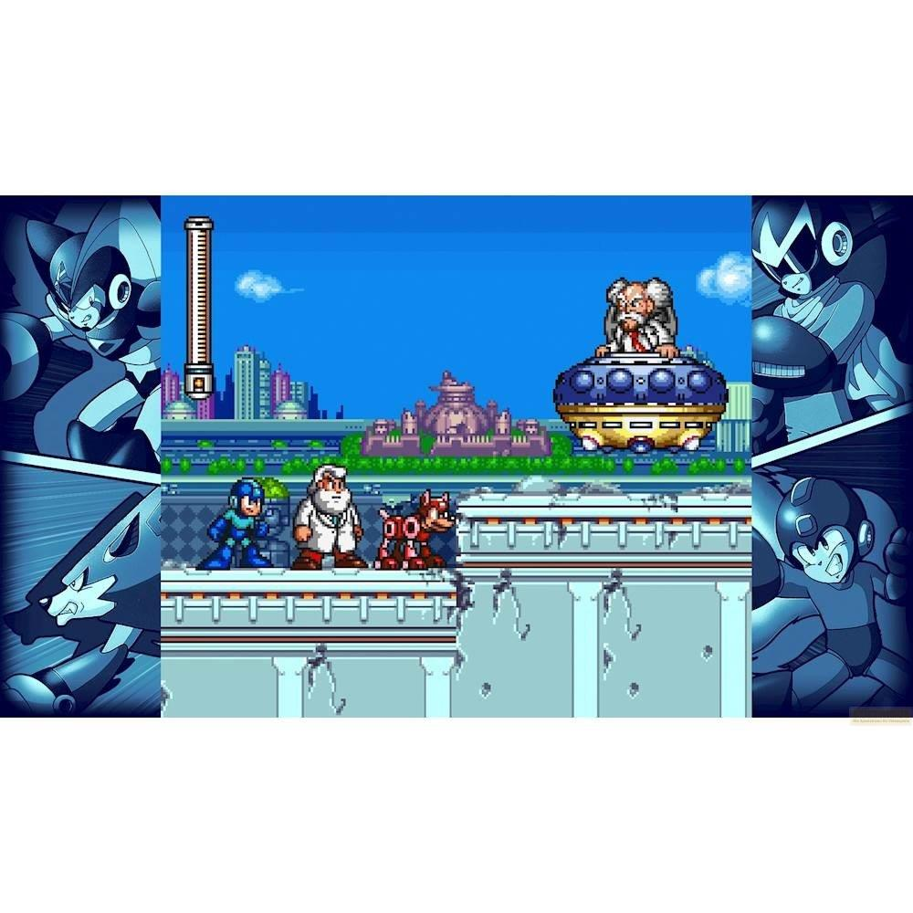 Charaktere aus Mega Man X stehen auf einer Plattform vor einer Stadtkulisse.