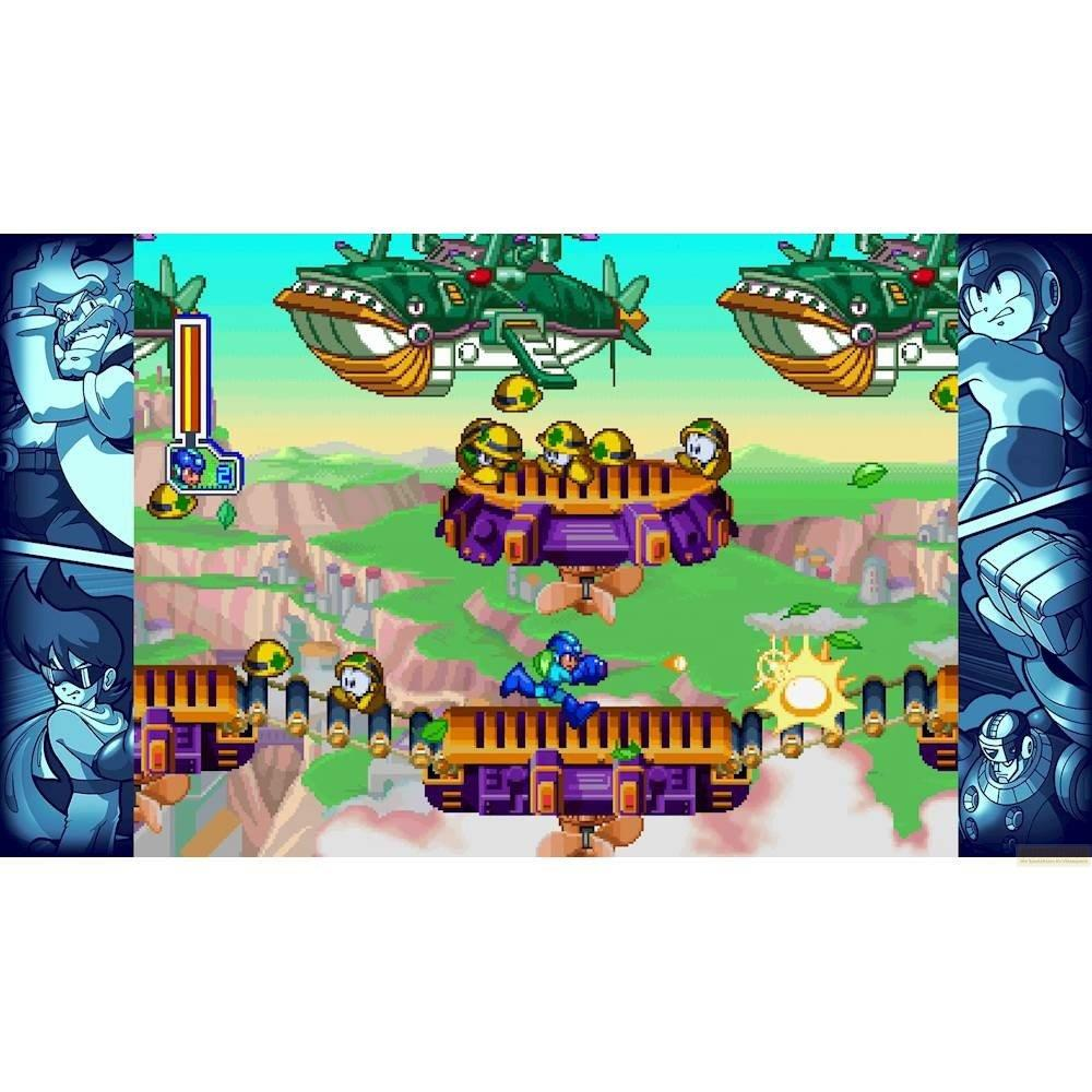 Mega Man läuft auf einer Plattform, während er gegen Feinde kämpft.