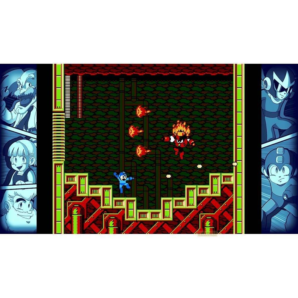 Mega Man kämpft gegen einen roten Boss in einem dunklen Level, umgeben von Comic-Bildern.