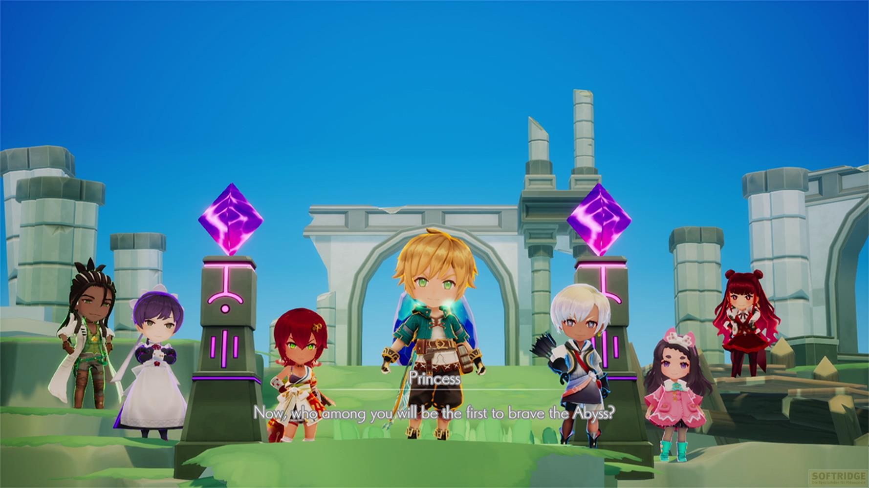 Personaggi Chibi davanti a rovine sotto un cielo blu con cristalli viola.