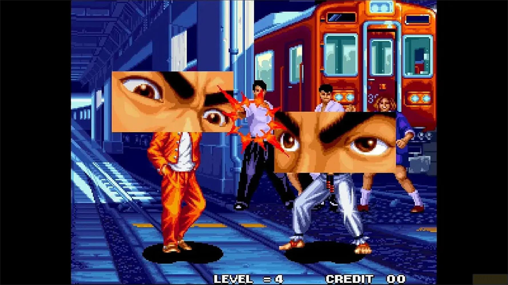 Scena di combattimento con personaggi uno contro l'altro sui binari del treno.