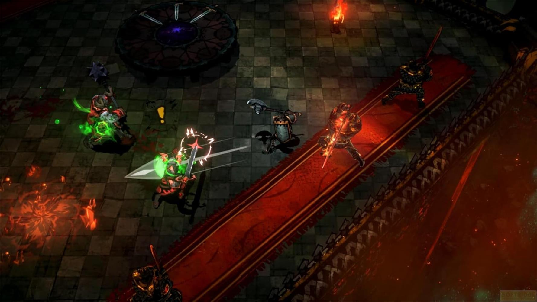 Guerrieri fantasy combattono in un'arena oscura con armi e magia.