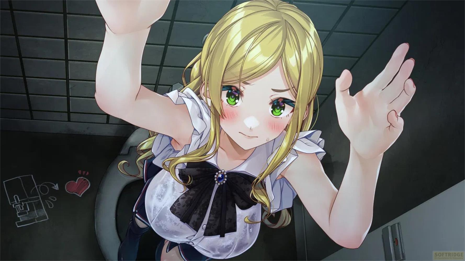 Ragazza anime con capelli biondi e occhi verdi, che si china verso il basso.