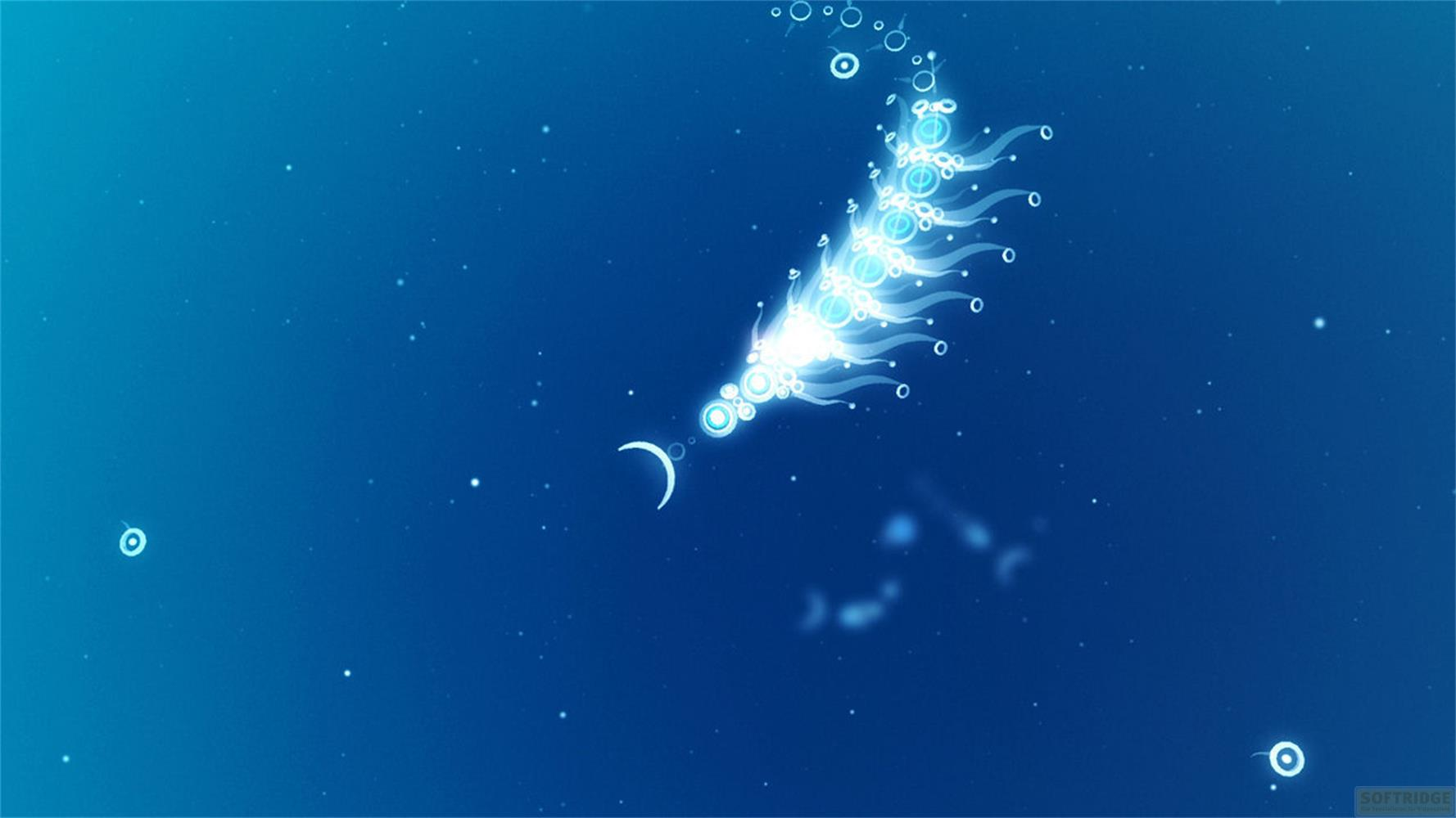 Leuchtende Formen in einem blauen, sternenklaren Universum.