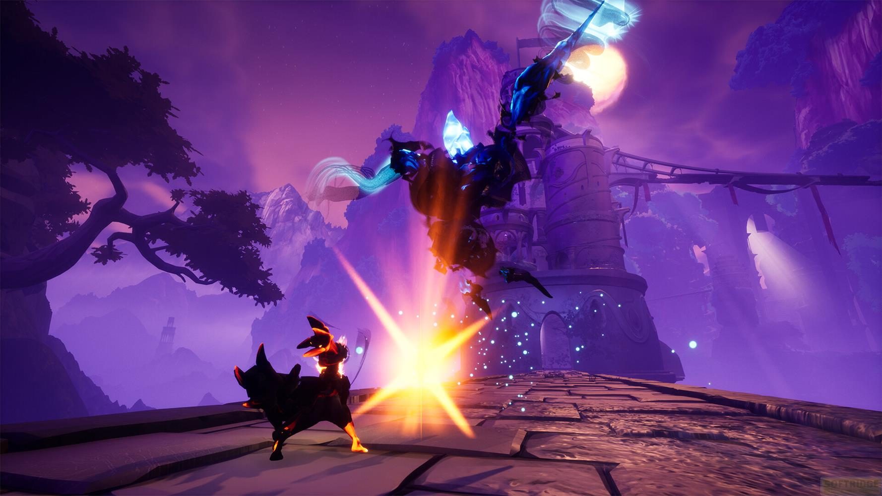 Una creatura dark fantasy combatte un nemico alato su un ponte.