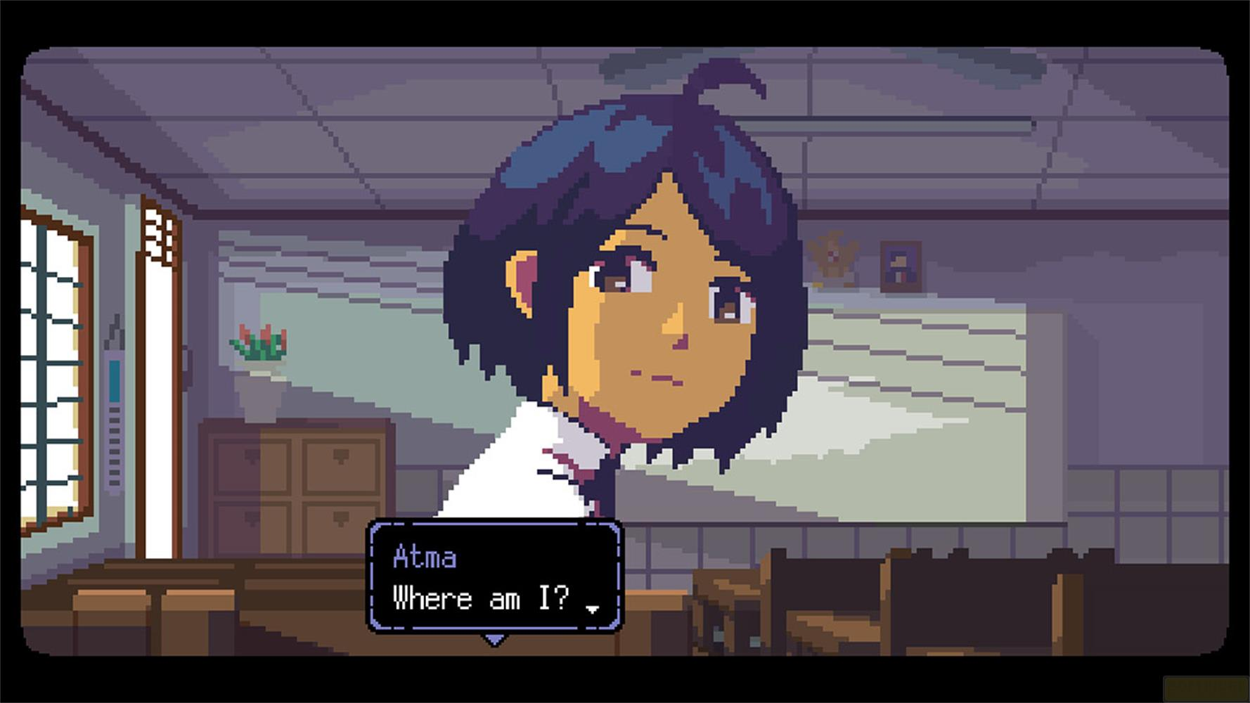 Scena pixel art: Giovane donna dai capelli scuri guarda interrogativa, fumetto: Dove sono?