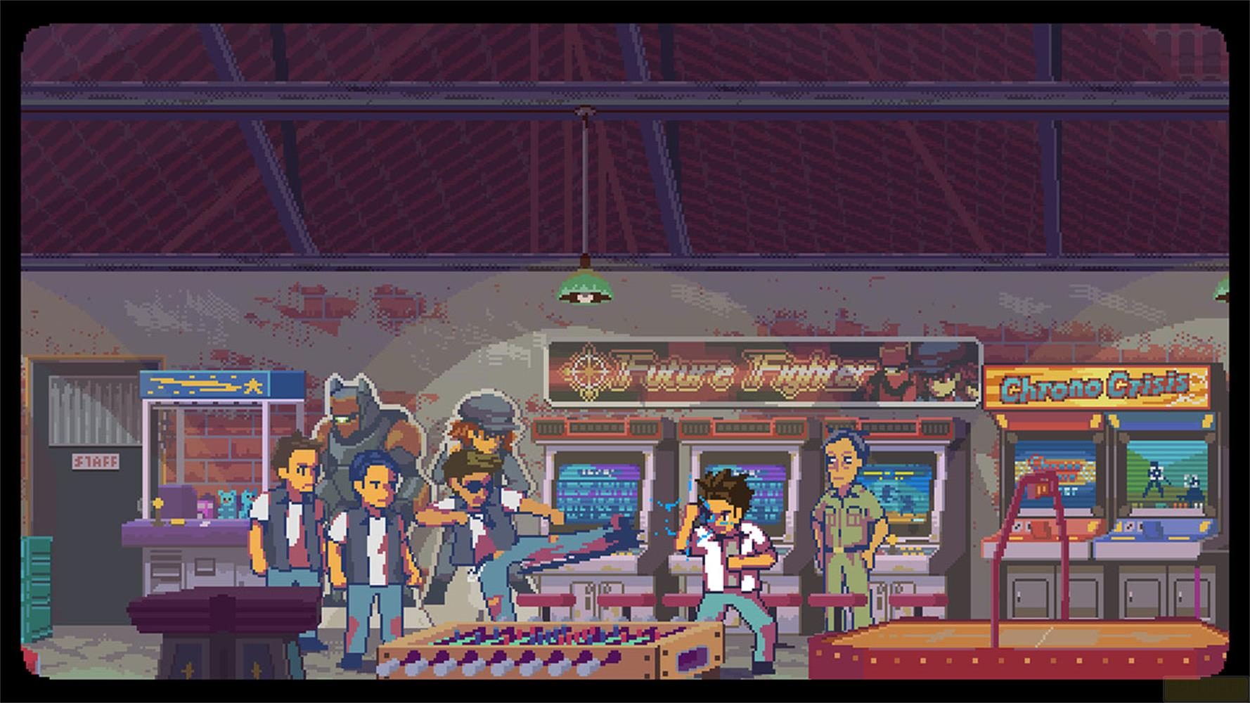 Sala giochi pixel art con persone davanti a macchine e calcetto.