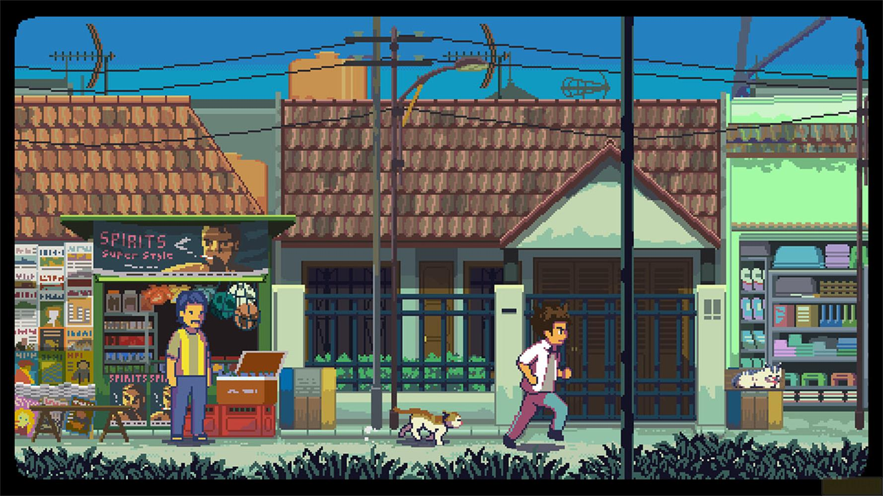 Scena pixel art di una strada con negozi, persone e animali.