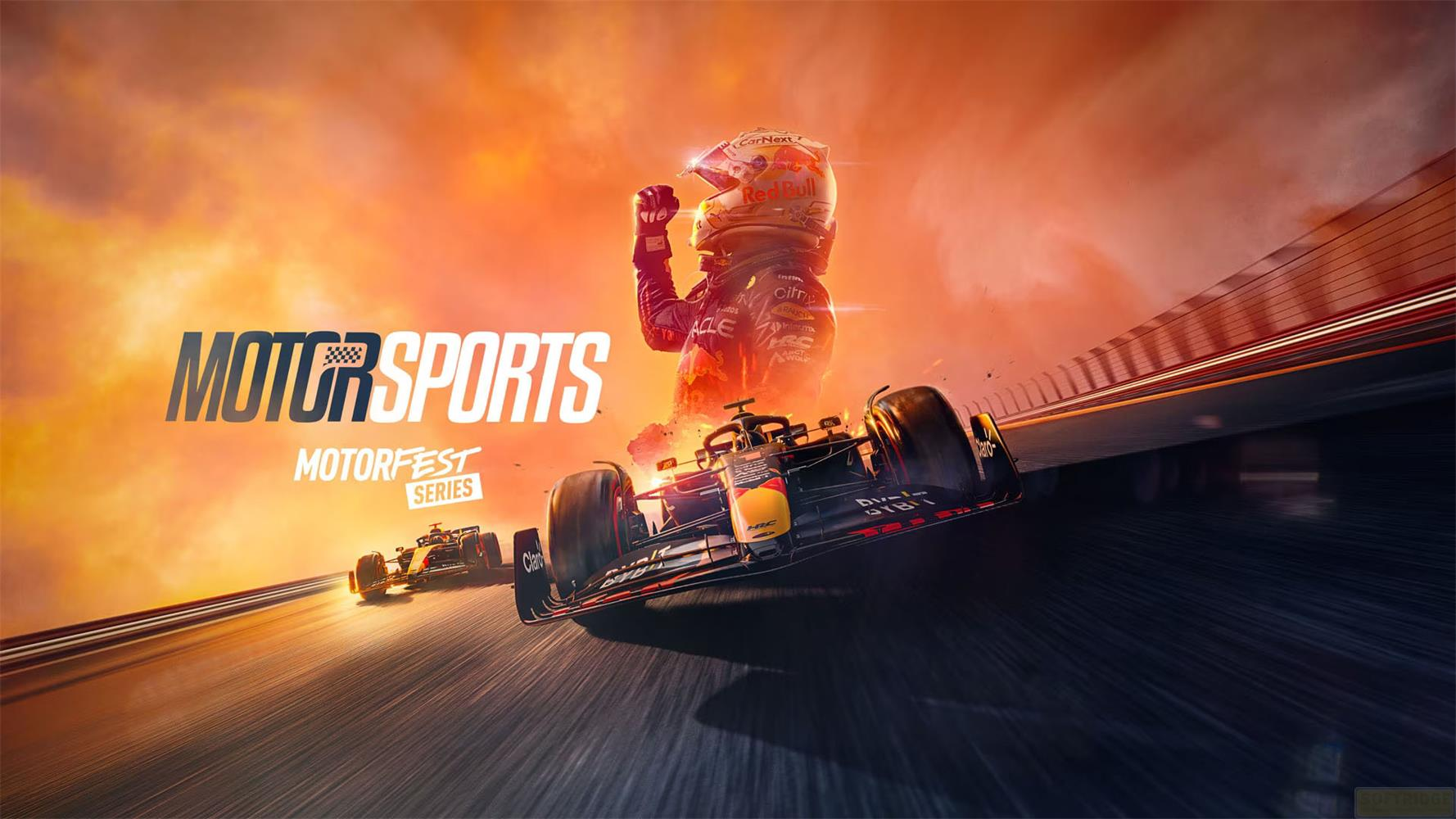 Pilote de F1 célèbre sur la piste avec le logo "Motorsports Motorfest Series".