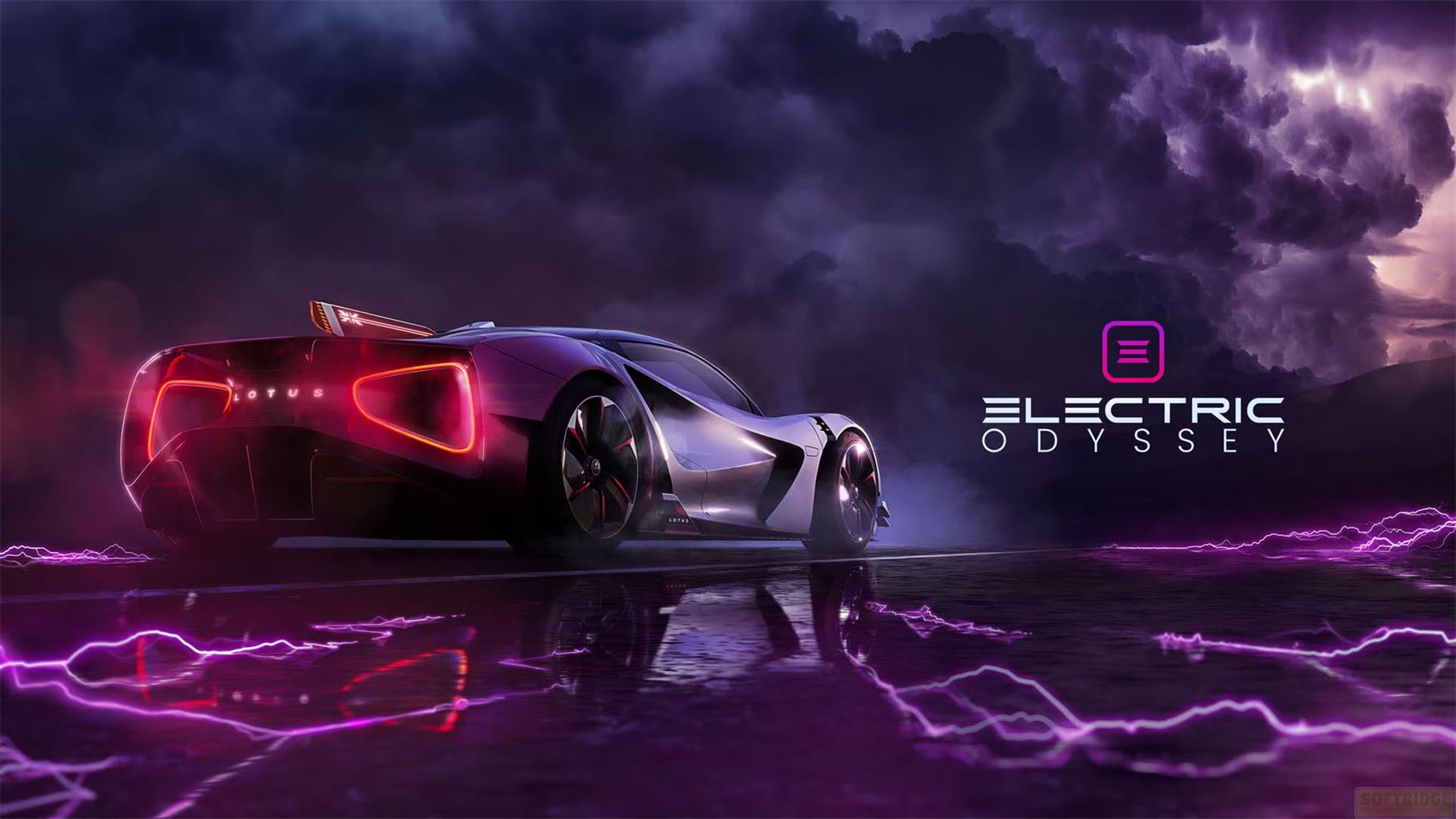 Une voiture violette futuriste roule sur une route mouillée avec des éclairs violets.