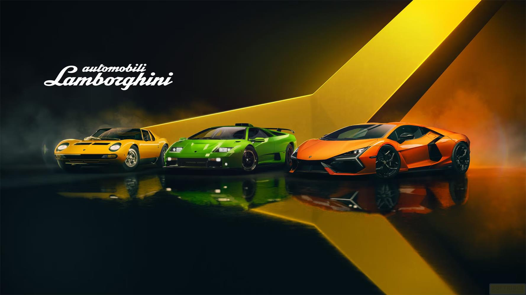 Trois Lamborghinis : jaune, verte et orange, sur une surface brillante.