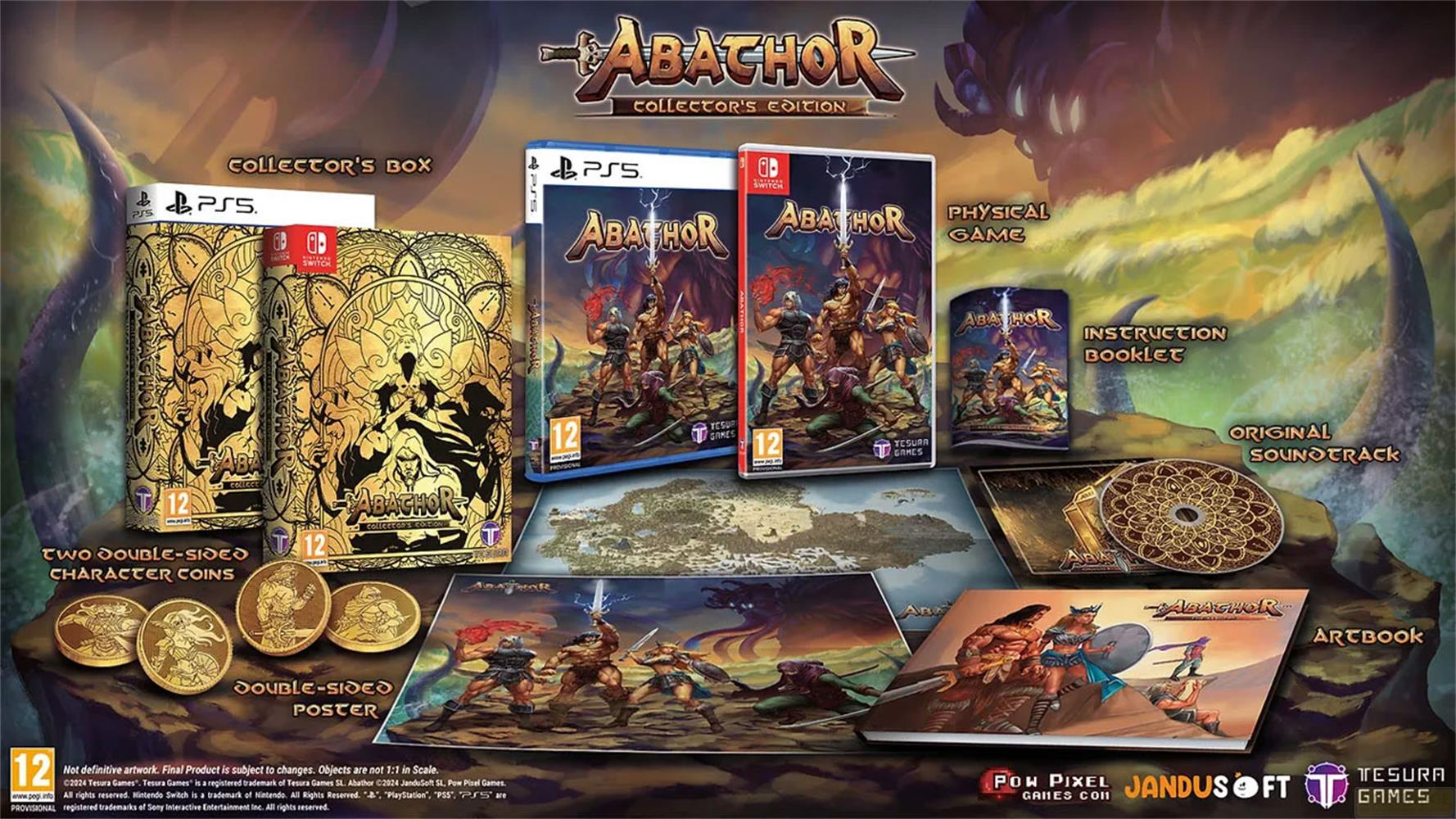 Contenuto dell'Edizione Collezionista di Abathor: giochi, monete, poster, libretto, colonna sonora e artbook.