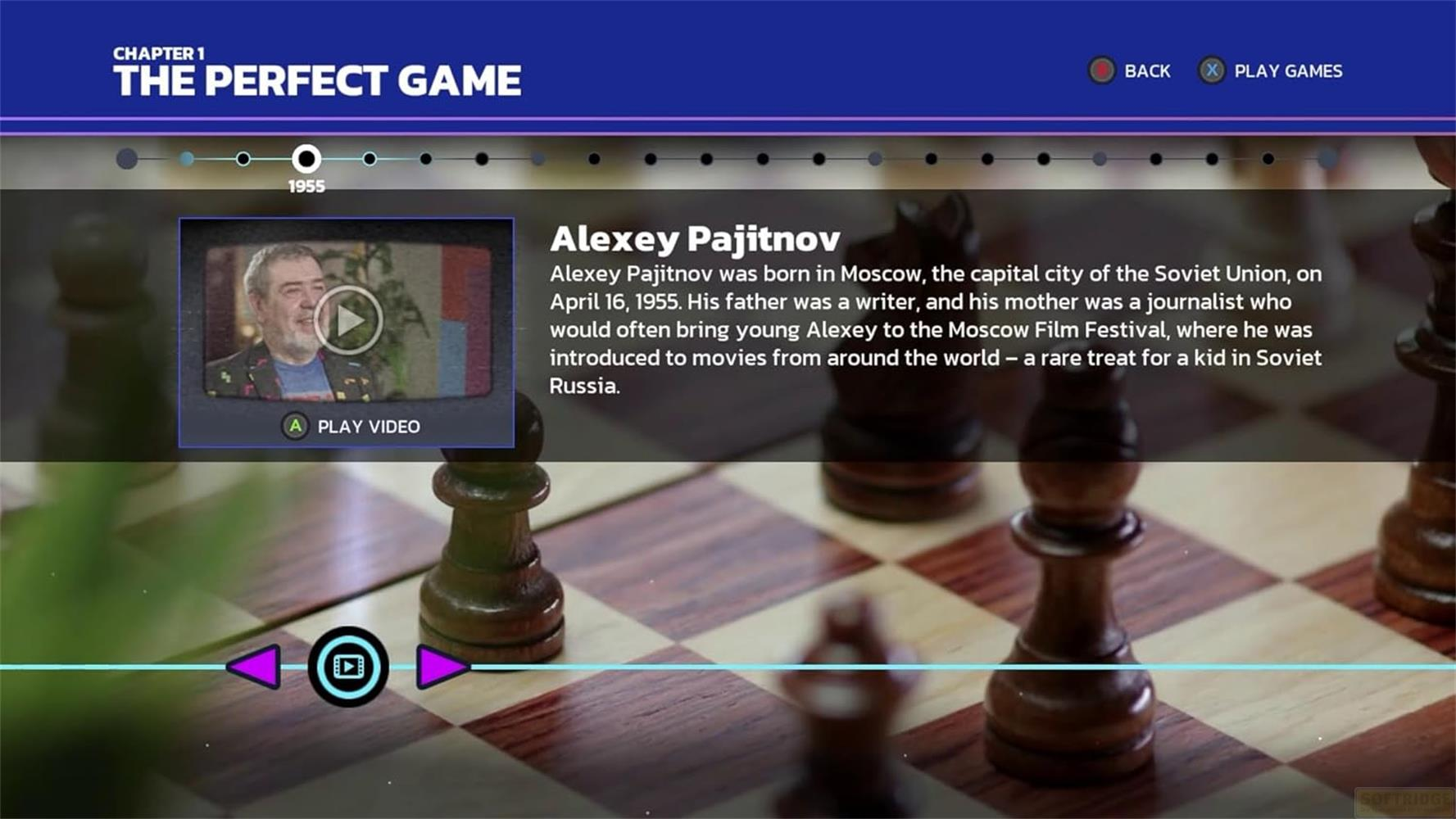 Biografia di Alexey Pajitnov con anteprima video su una scacchiera.