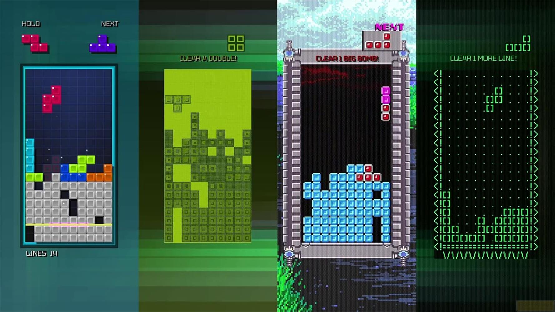 Quattro schermi di Tetris con blocchi colorati e punteggi.