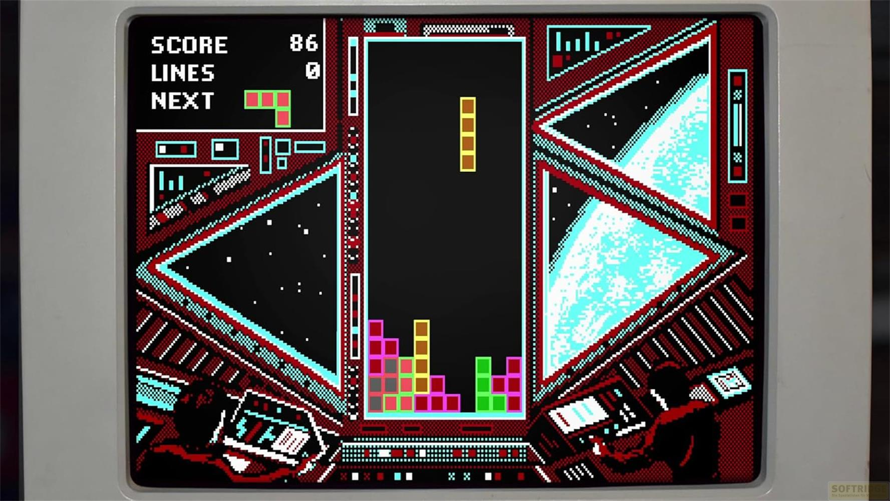 Uno schermo di computer retrò mostra un gioco simile a Tetris con blocchi che cadono.