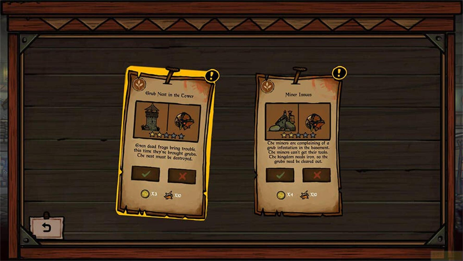 Due carte mostrano menu di gioco: un nido e un problema minerario.