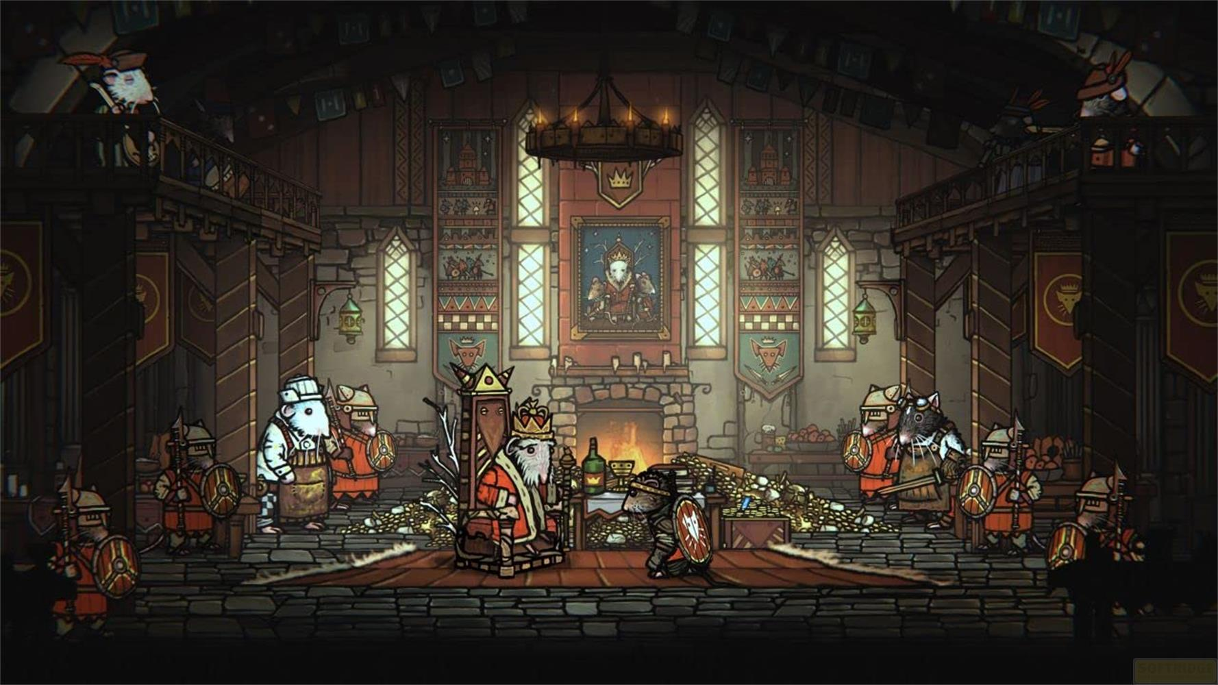Una scena di sala del trono reale con personaggi di topi e gatti in armatura.