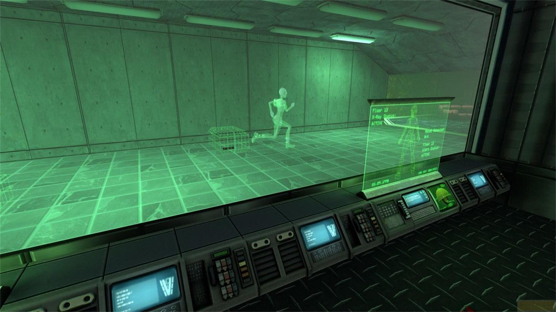 Ein futuristisches Kontrollpult mit grünen Hologrammen eines laufenden Mannes und eines Skeletts.