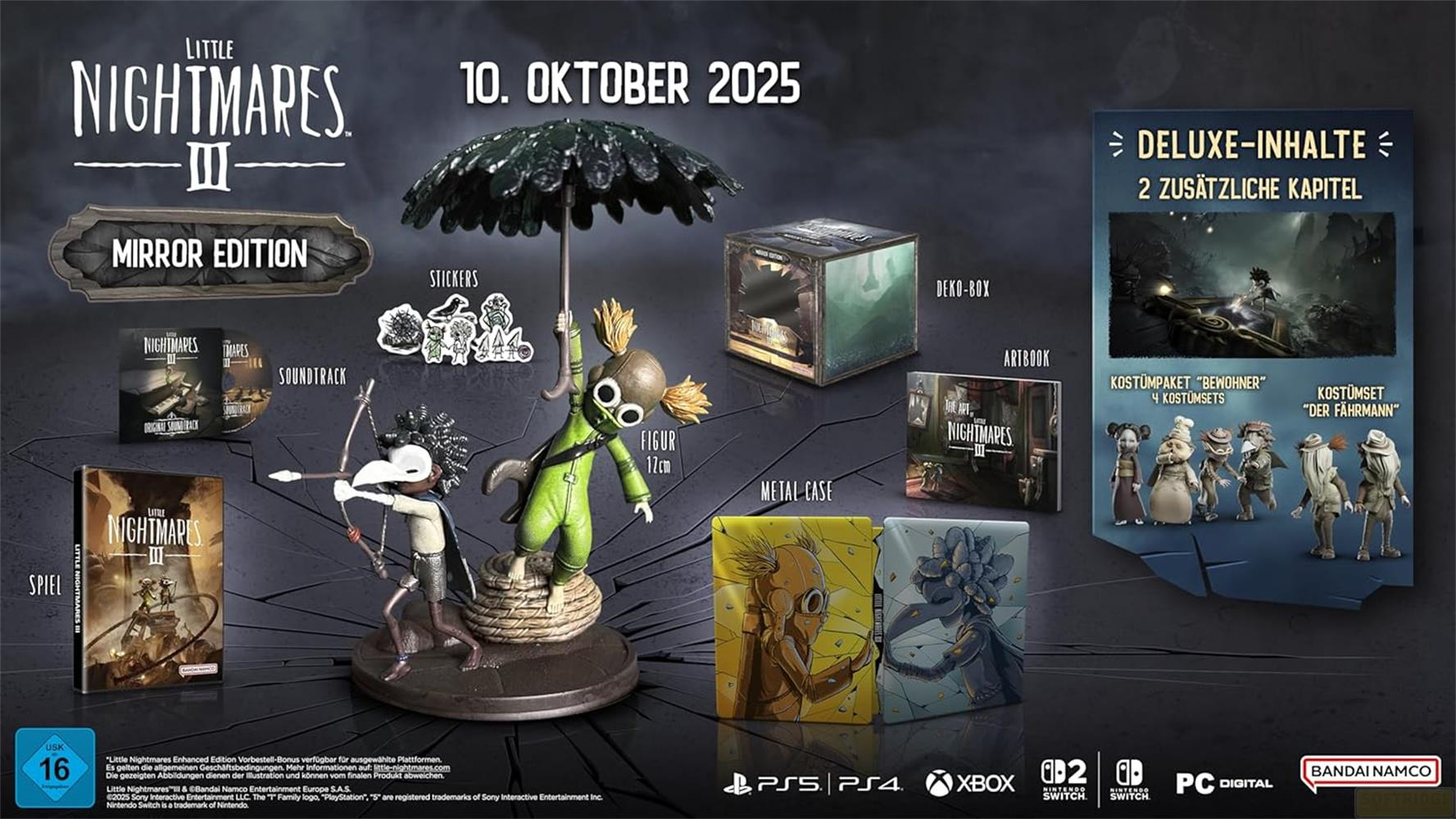 Little Nightmares III: Deluxe Edition-Inhalte mit Figur, Soundtrack, Artbook und mehr.