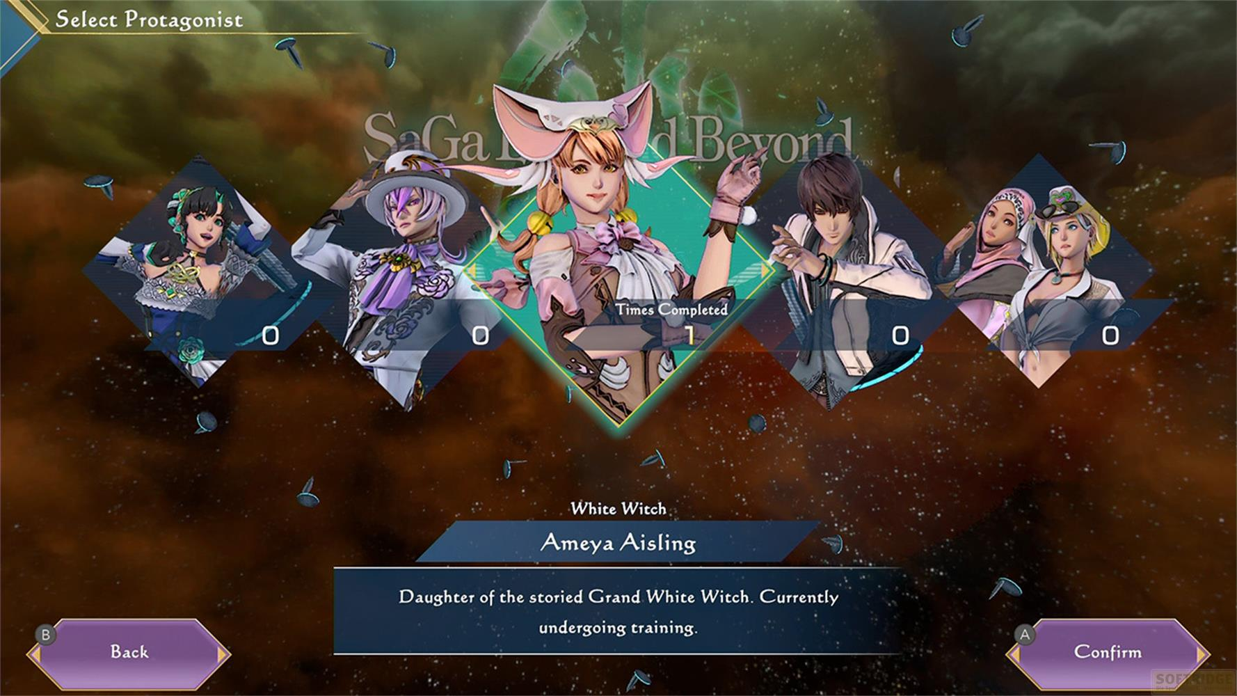 Selezione personaggio: Cinque personaggi, Ameya Aisling è selezionata.