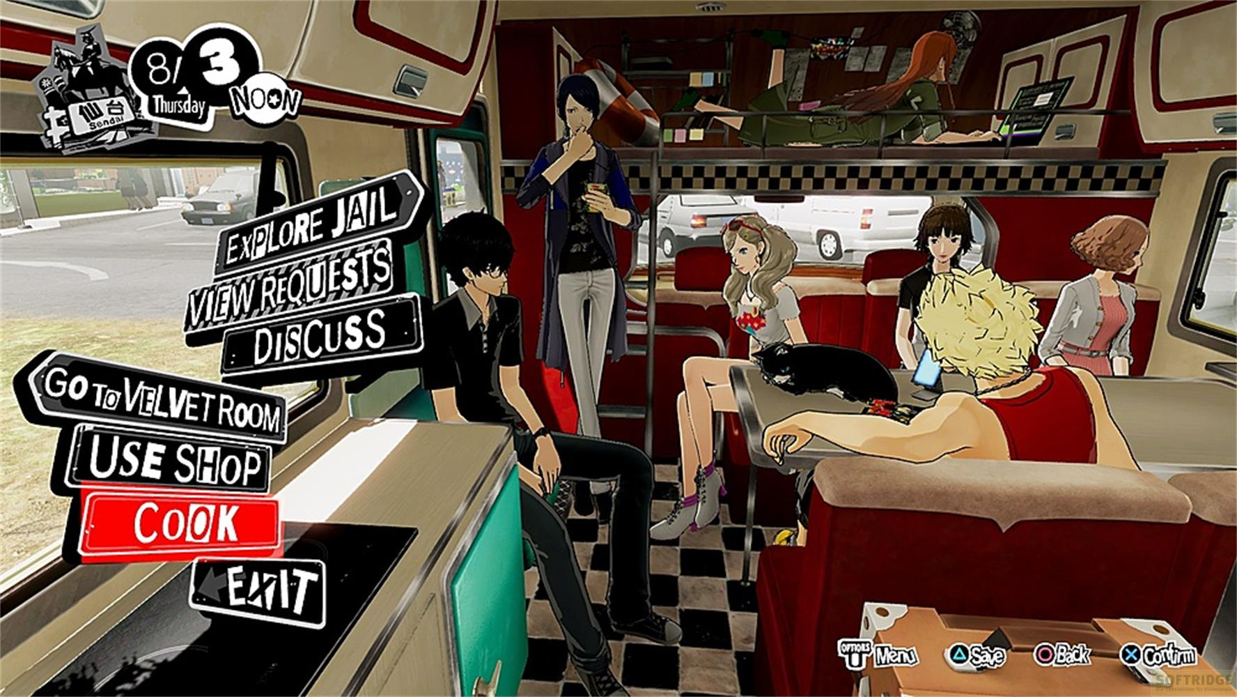 Personnages dans une camionnette avec des options de menu comme 'Explorer la prison'.