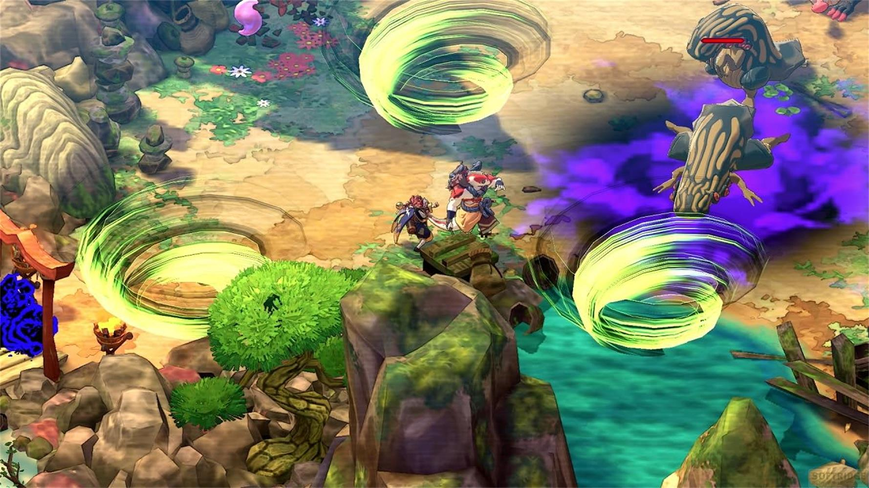 Due personaggi combattono un grosso insetto, circondati da vortici di energia verde.
