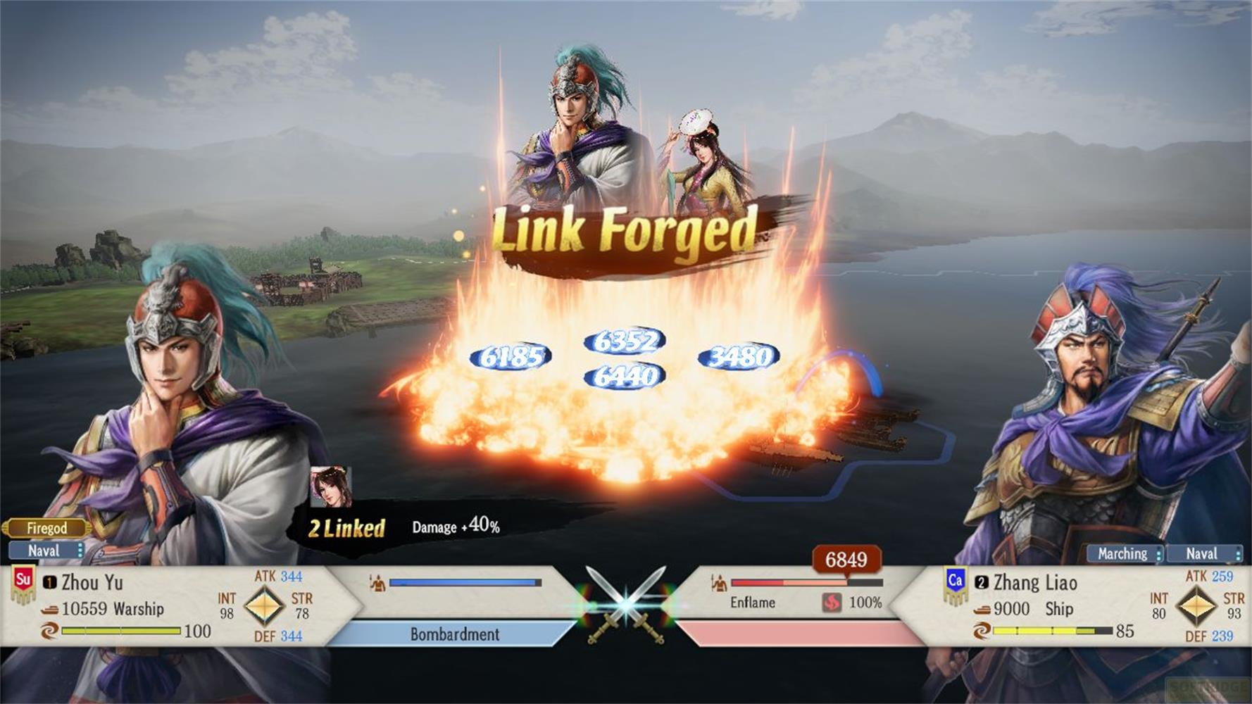Scena di gioco con due guerrieri, fiamme e navi. Viene visualizzato "Link Forged".