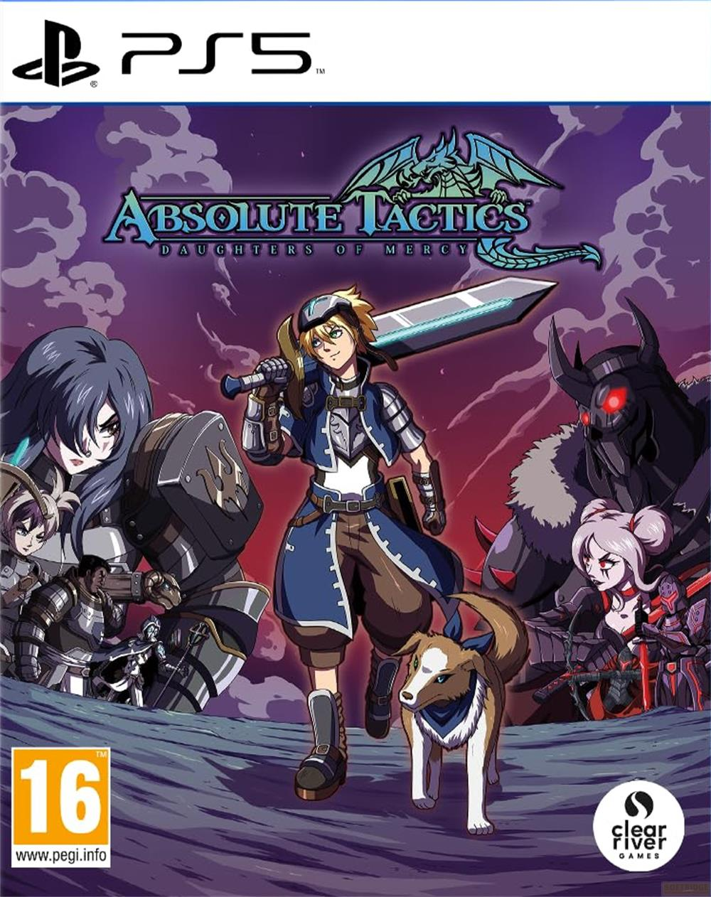 Copertina gioco PS5: Eroi, mostri e cane davanti a un cielo viola.