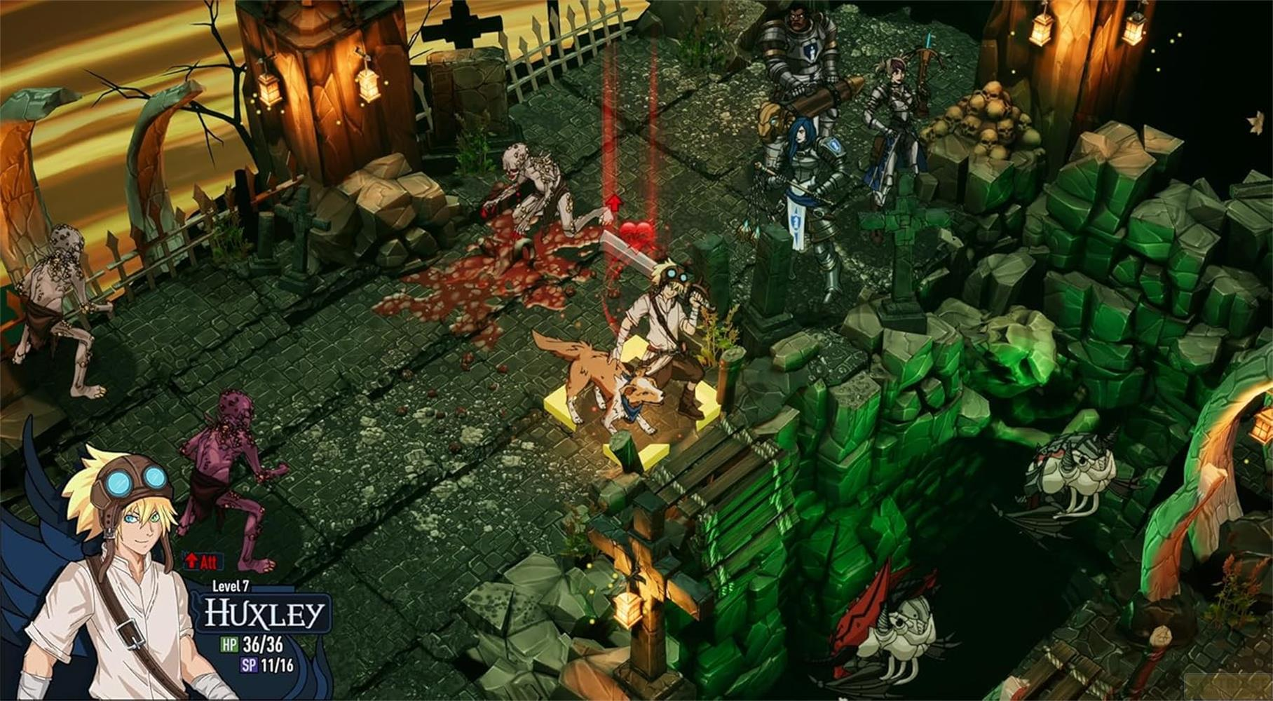Personaggi combattono mostri in un'arena oscura e illuminata con rocce.