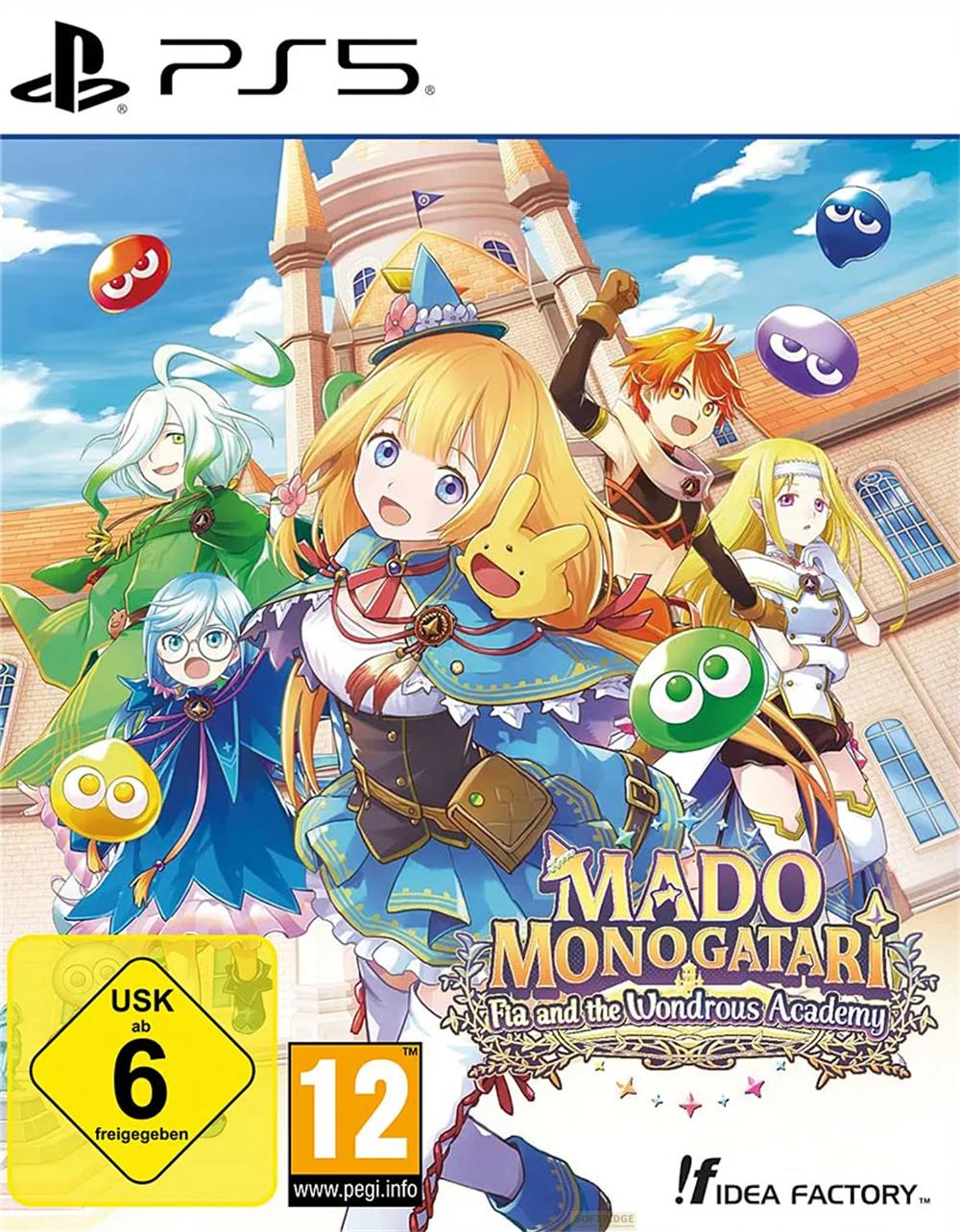 Personaggi anime davanti a un castello, copertina del gioco Mado Monogatari per PS5.