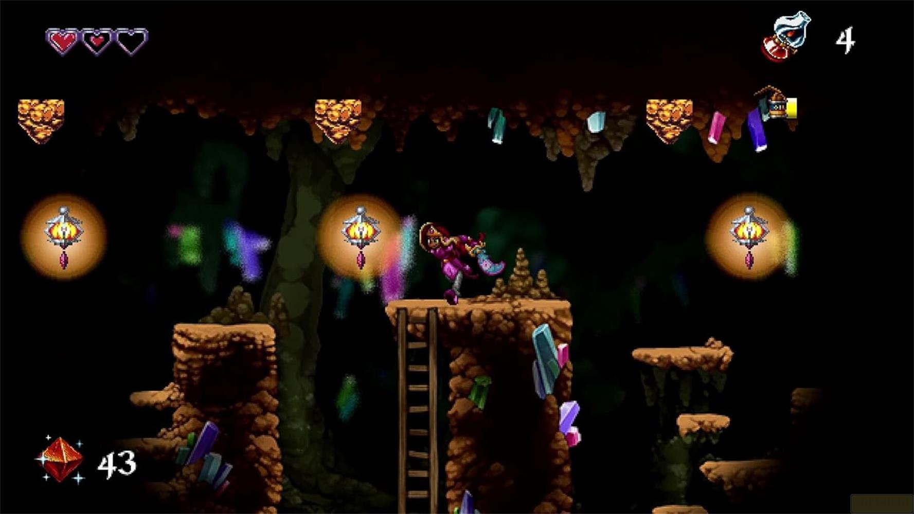 Un personaggio viola si trova su una piattaforma con una scala in una grotta oscura con cristalli.