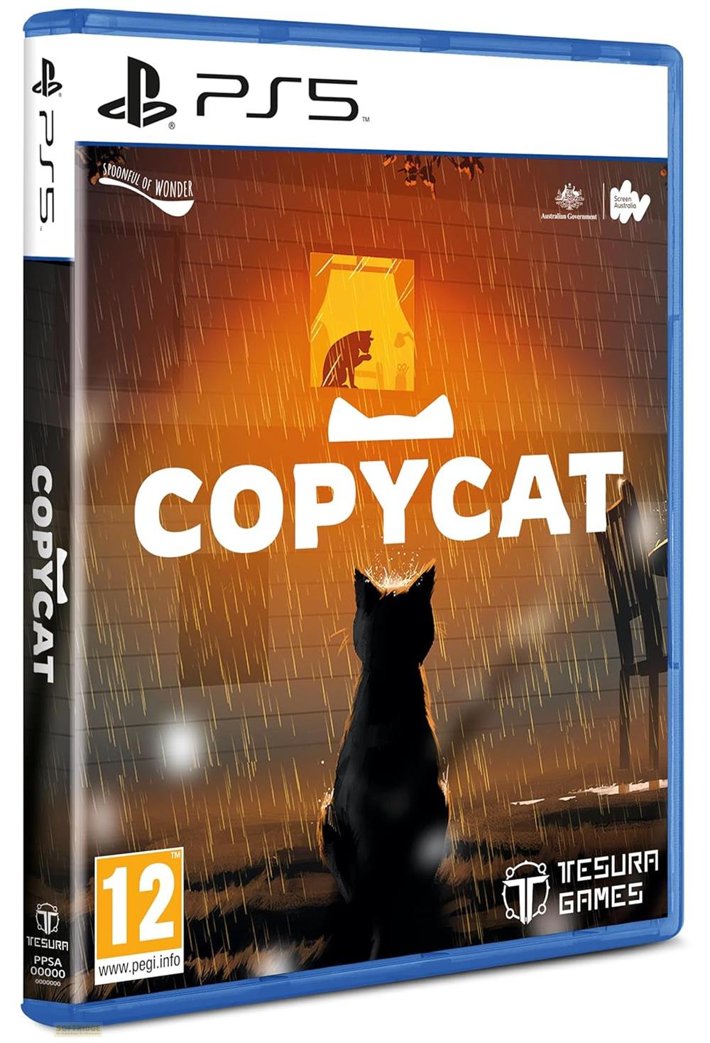 Un gatto nero seduto sotto la pioggia davanti a una casa, con il titolo 'COPYCAT'.