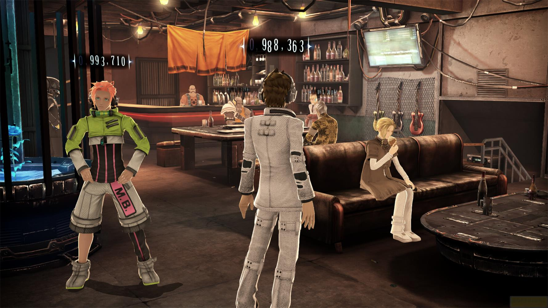 Un groupe de personnages dans un bar. L'un est devant, deux sont assis.