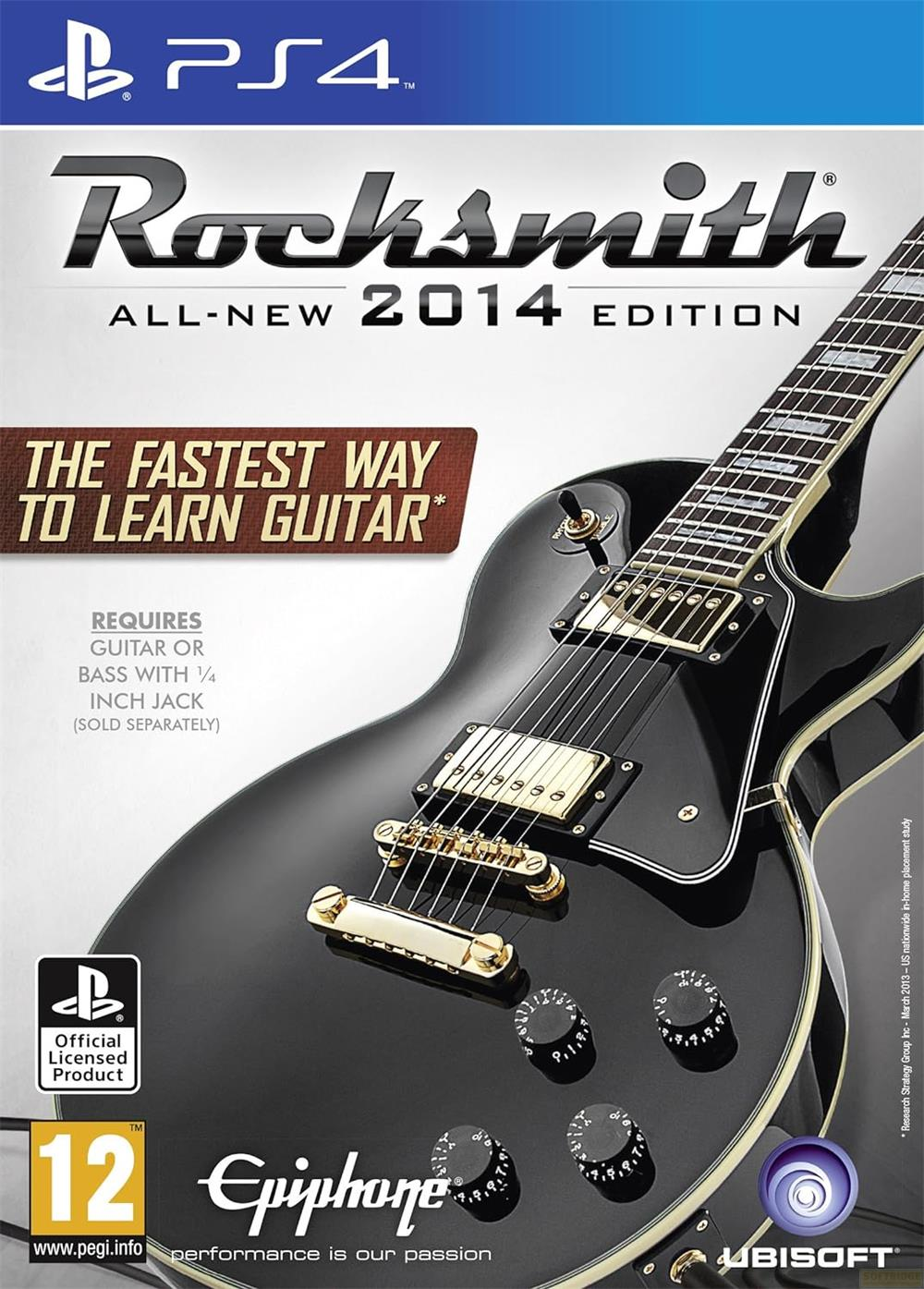 Copertina Rocksmith 2014 Edition PS4 con chitarra elettrica nera e logo.