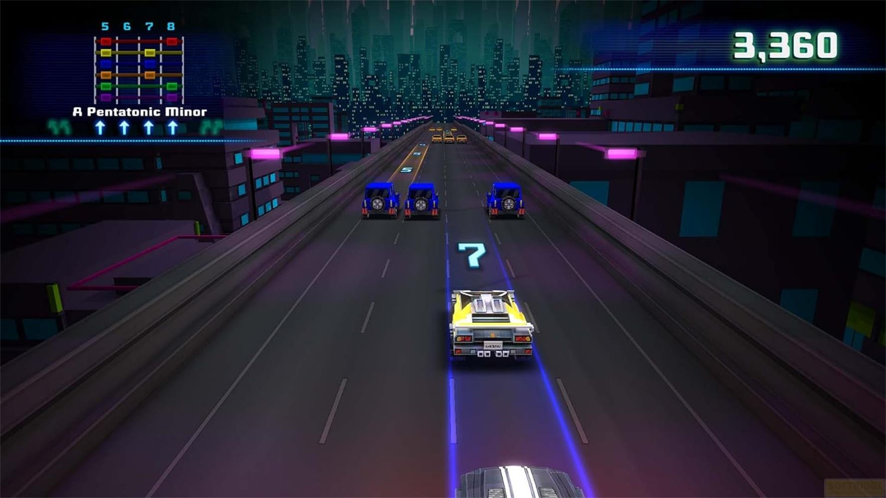 Auto gialla guida su un'autostrada in una città futuristica di notte.