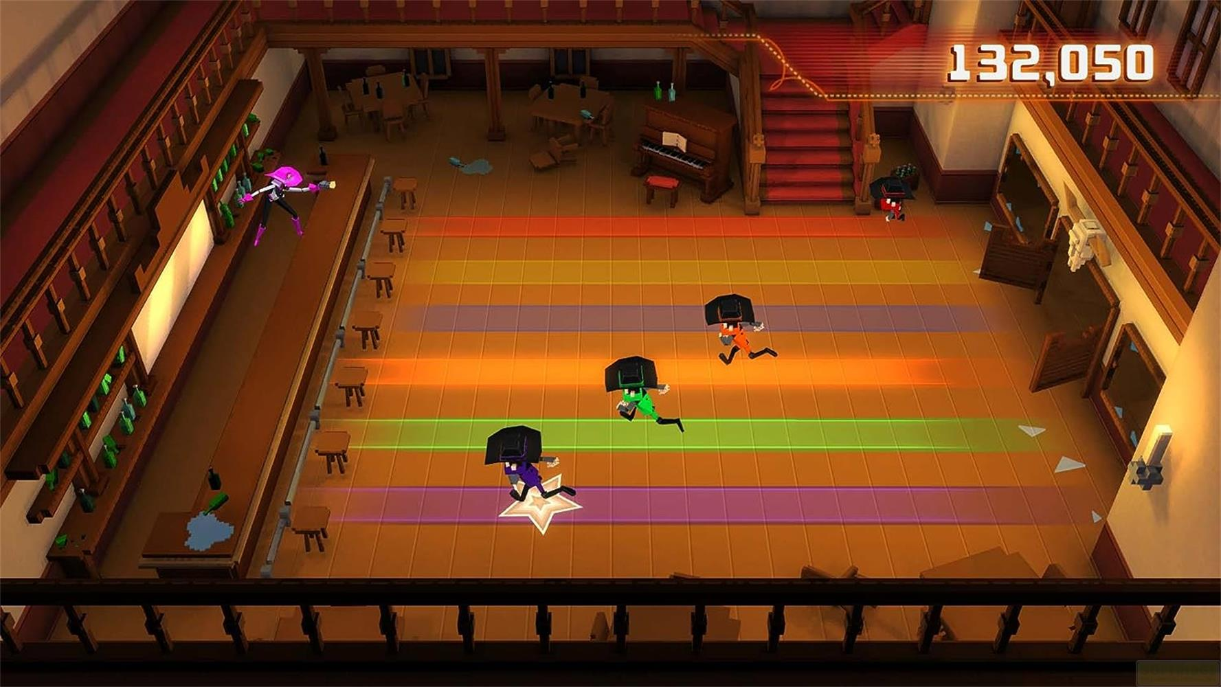 Personaggi colorati corrono su un pavimento a strisce in una stanza simile a un saloon con pianoforte.