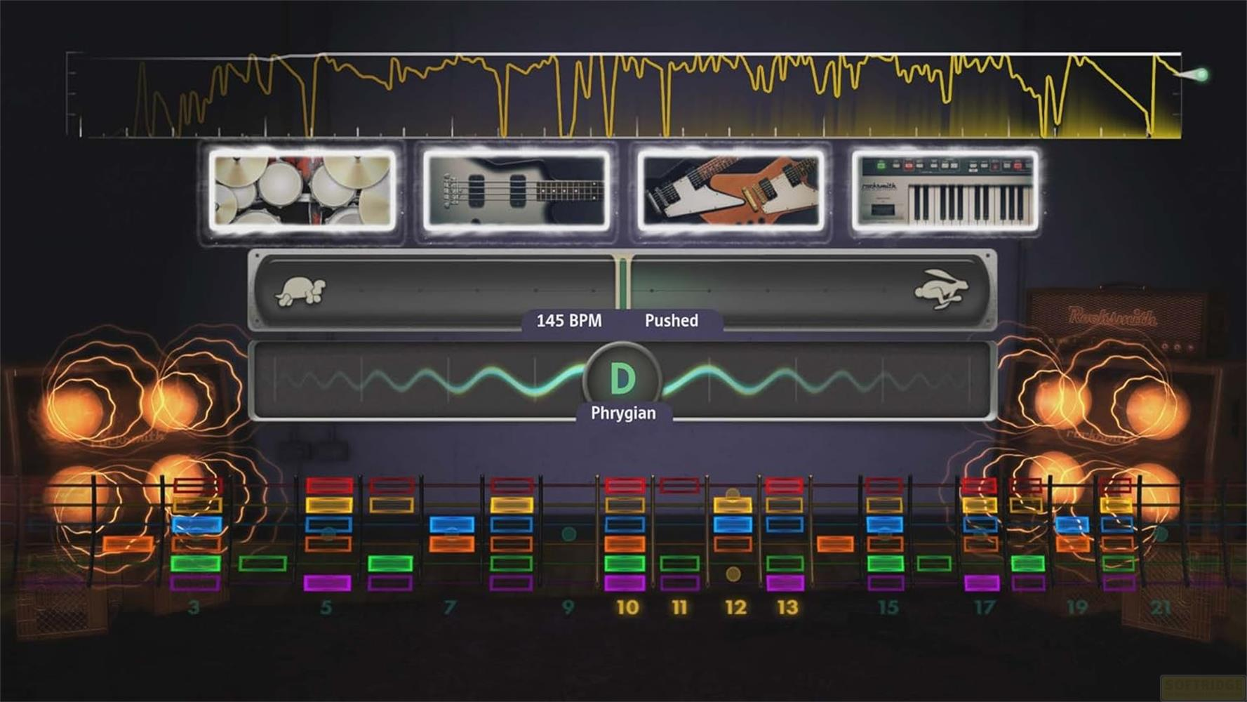 Software di produzione musicale con batteria, chitarre, tastiera e forme d'onda.