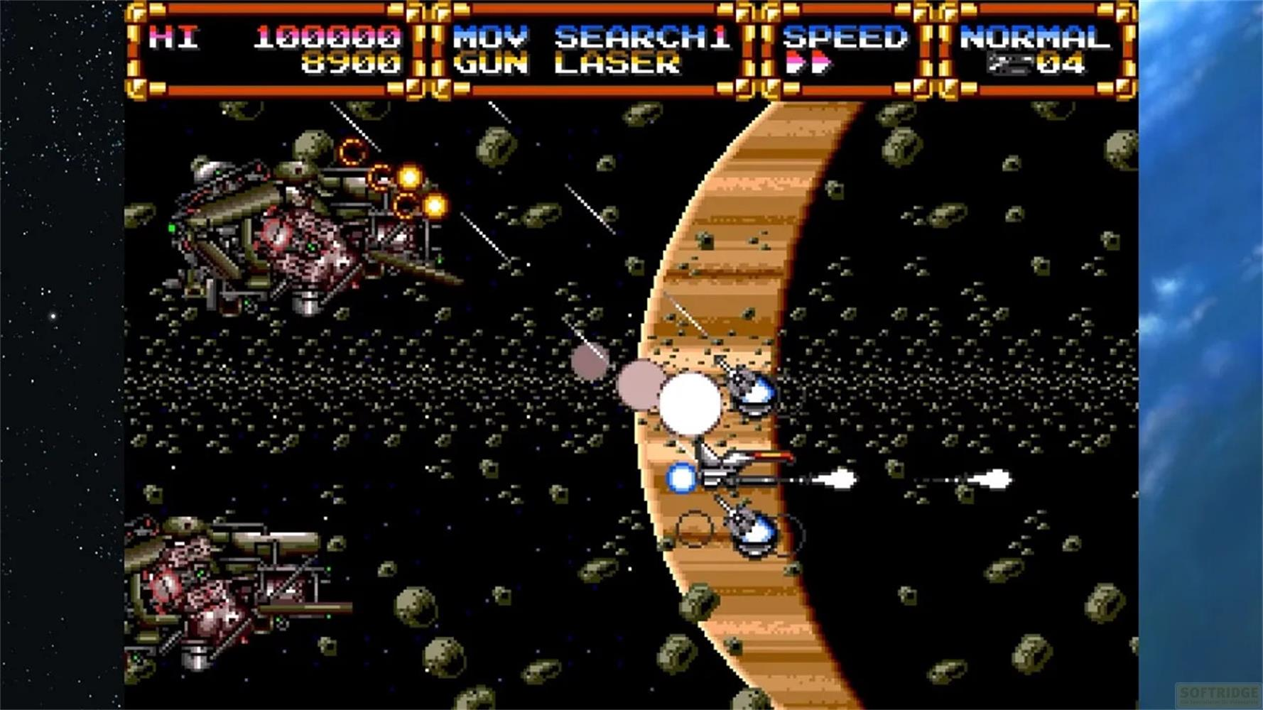Un gioco sparatutto spaziale con navi, asteroidi e una grande superficie planetaria.