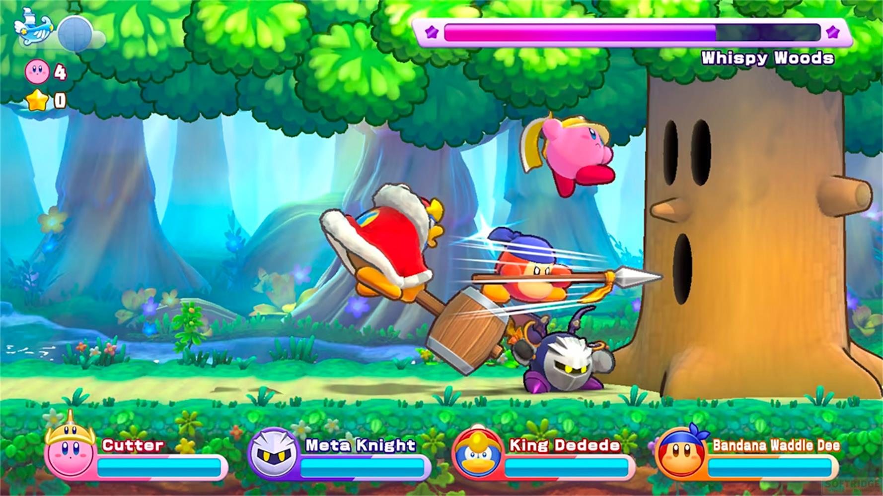 Kirby Charaktere kämpfen in einem Wald. König Dedede schwingt einen Hammer.