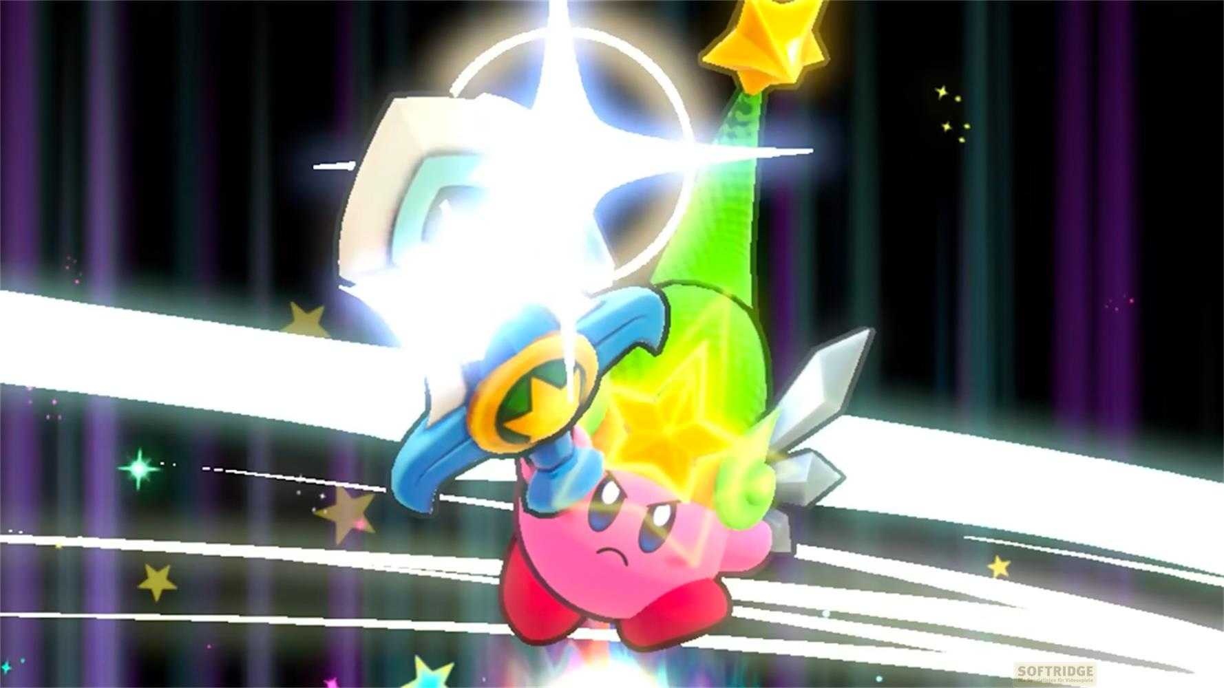 Kirby mit einem Schwert und einem grünen Hut mit Sternen auf dunklem Hintergrund.