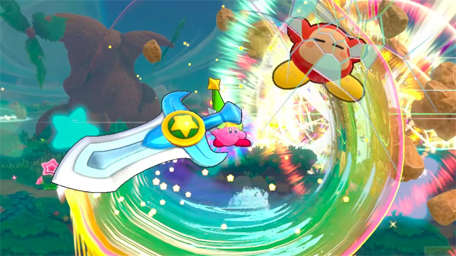 Kirby mit Schwert kämpft gegen einen roten Waddle Dee in einem schillernden Portal.