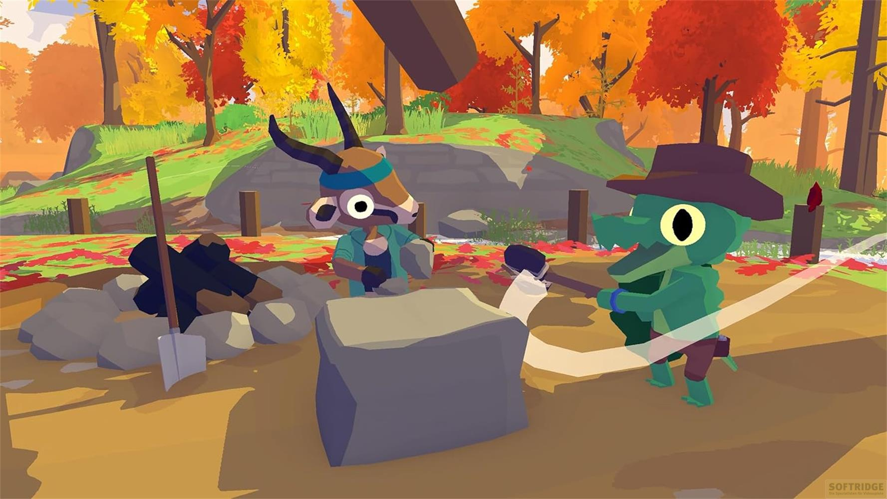 Deux personnages animaux de dessin animé travaillent sur une pierre dans une forêt d'automne.