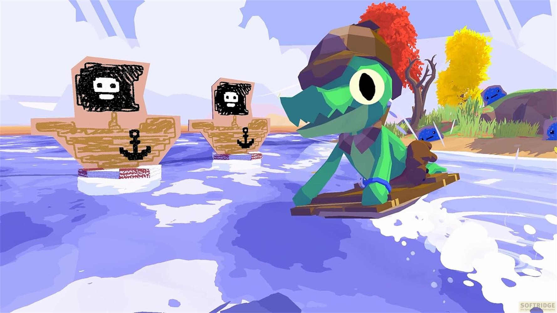 Un dinosaure vert surfe sur un radeau, deux bateaux pirates en arrière-plan.