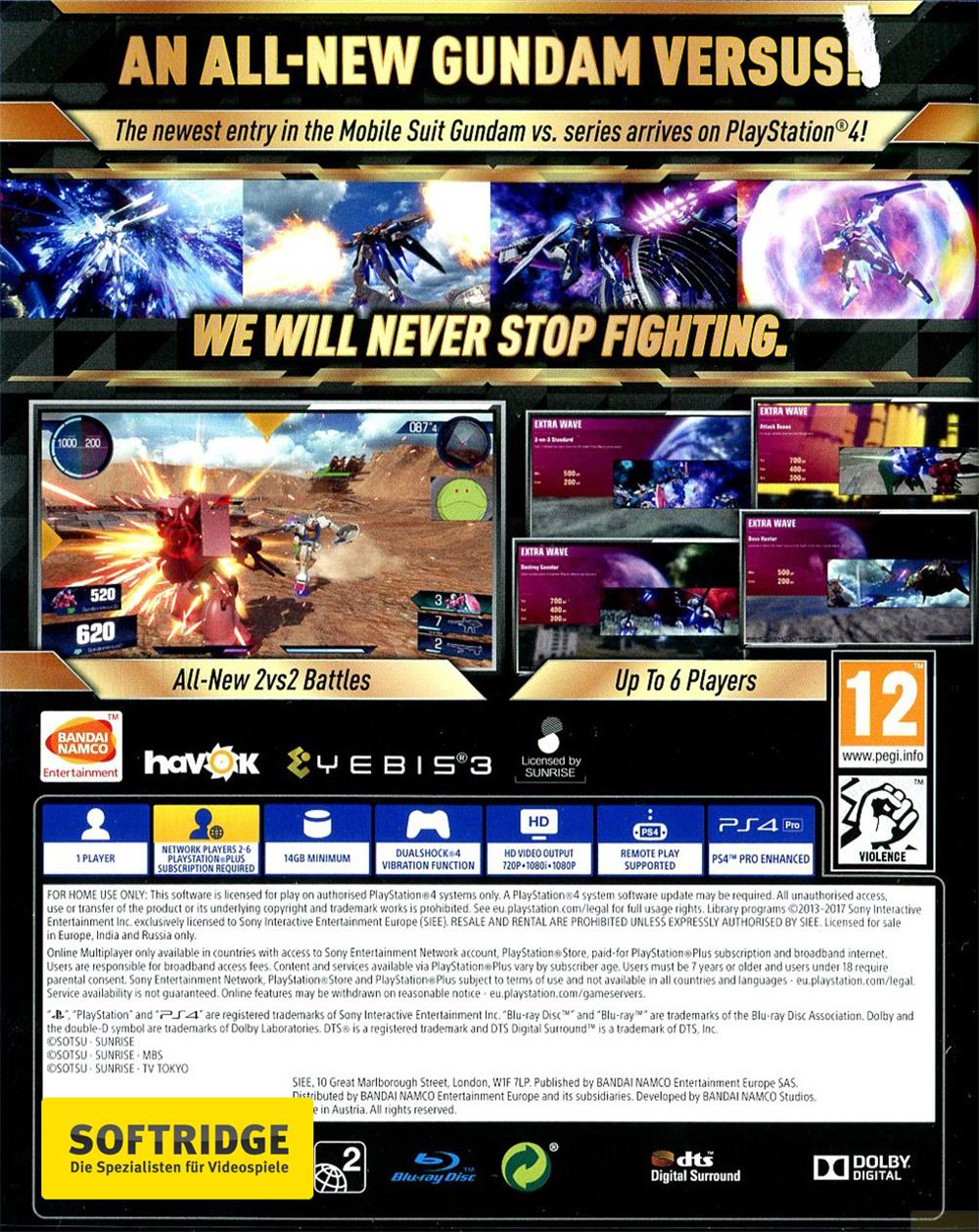 Arrière de la boîte du jeu PlayStation 4 avec art Gundam et informations sur le jeu.
