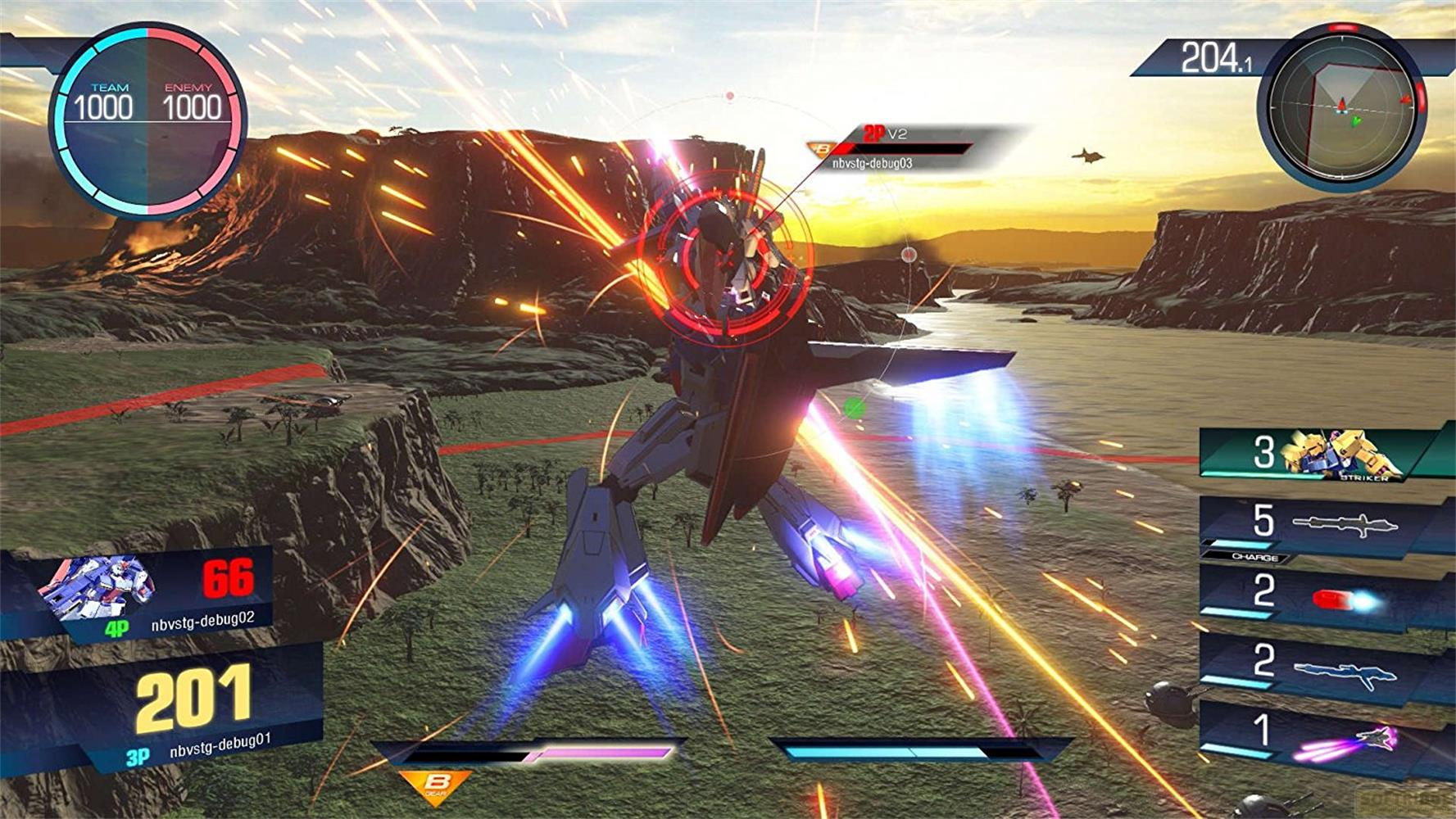 Une bataille de Gundam dans un jeu, avec des explosions, des lasers et un paysage ouvert.