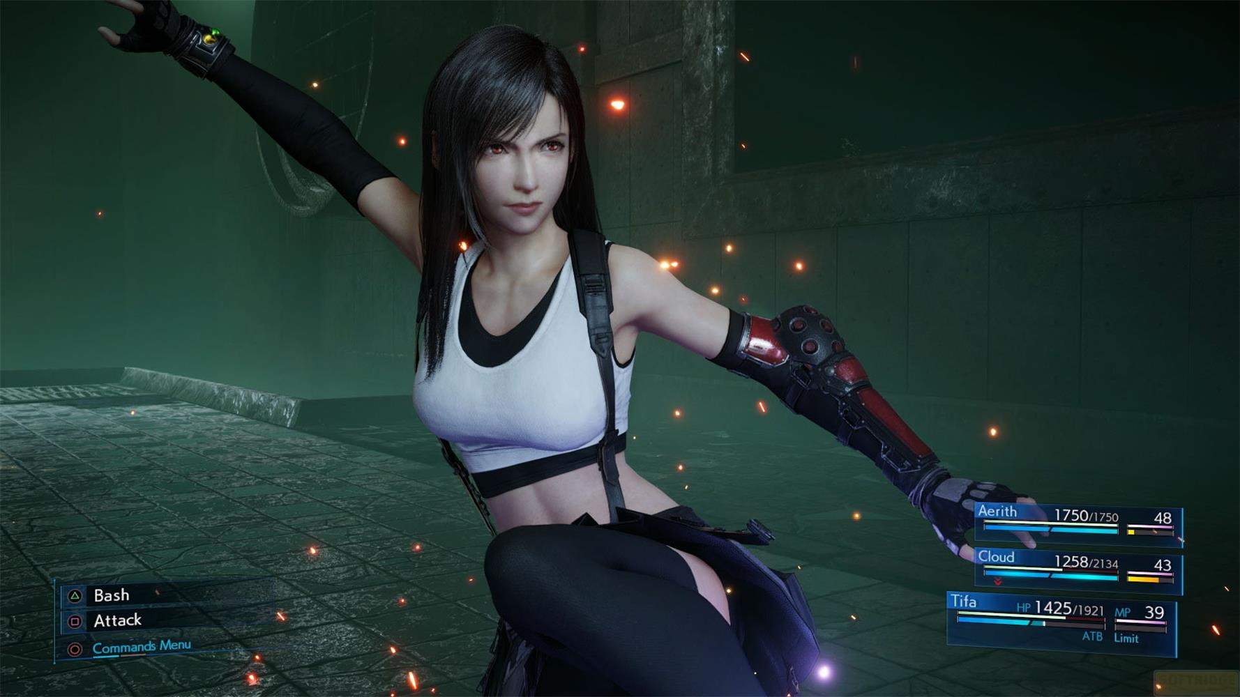 Tifa en tenue de combat, haut blanc et pantalon noir, sur fond vert.