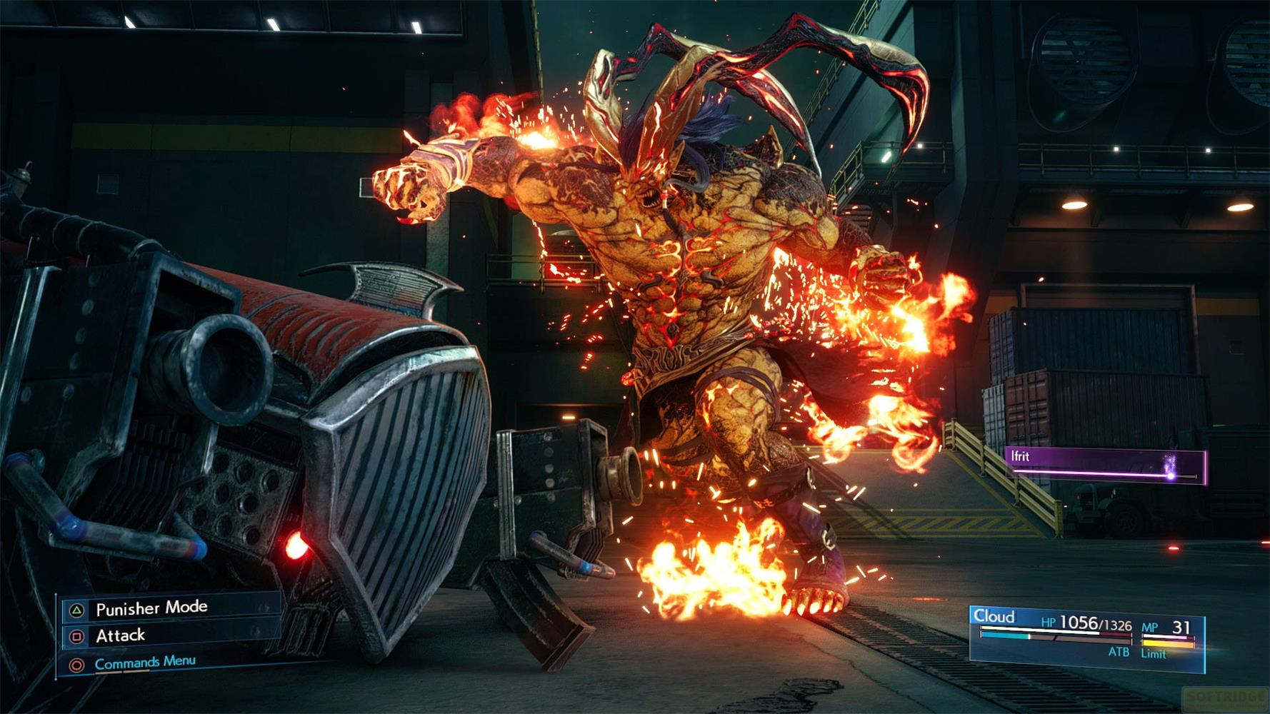 Ifrit en flammes près d'une machine métallique. Menu du jeu en bas.